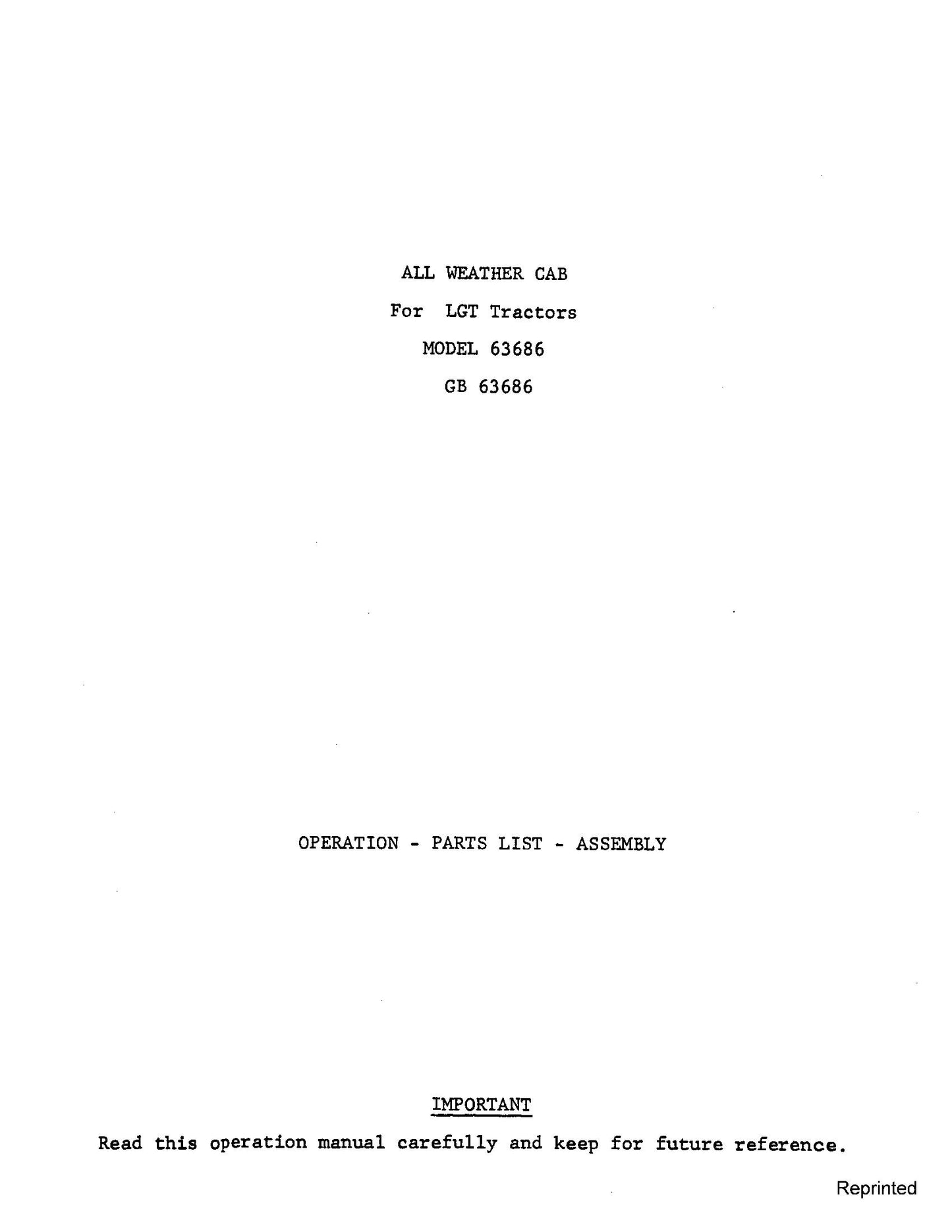 Ford All Weather Cab LGT Model 63686 GB 63686 Operator's Manual (42641014)