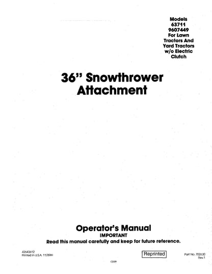 New Holland 36 Inch Snow Thrower lawn and yard Tractors without Electric Clutch Operator's Manual (42643612)