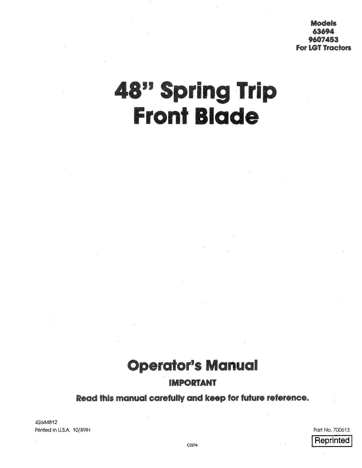 New Holland 48 Inch Spring Trip Front Blade Attachment #9607453 for LGT Tractors Operator's Manual (42644812)