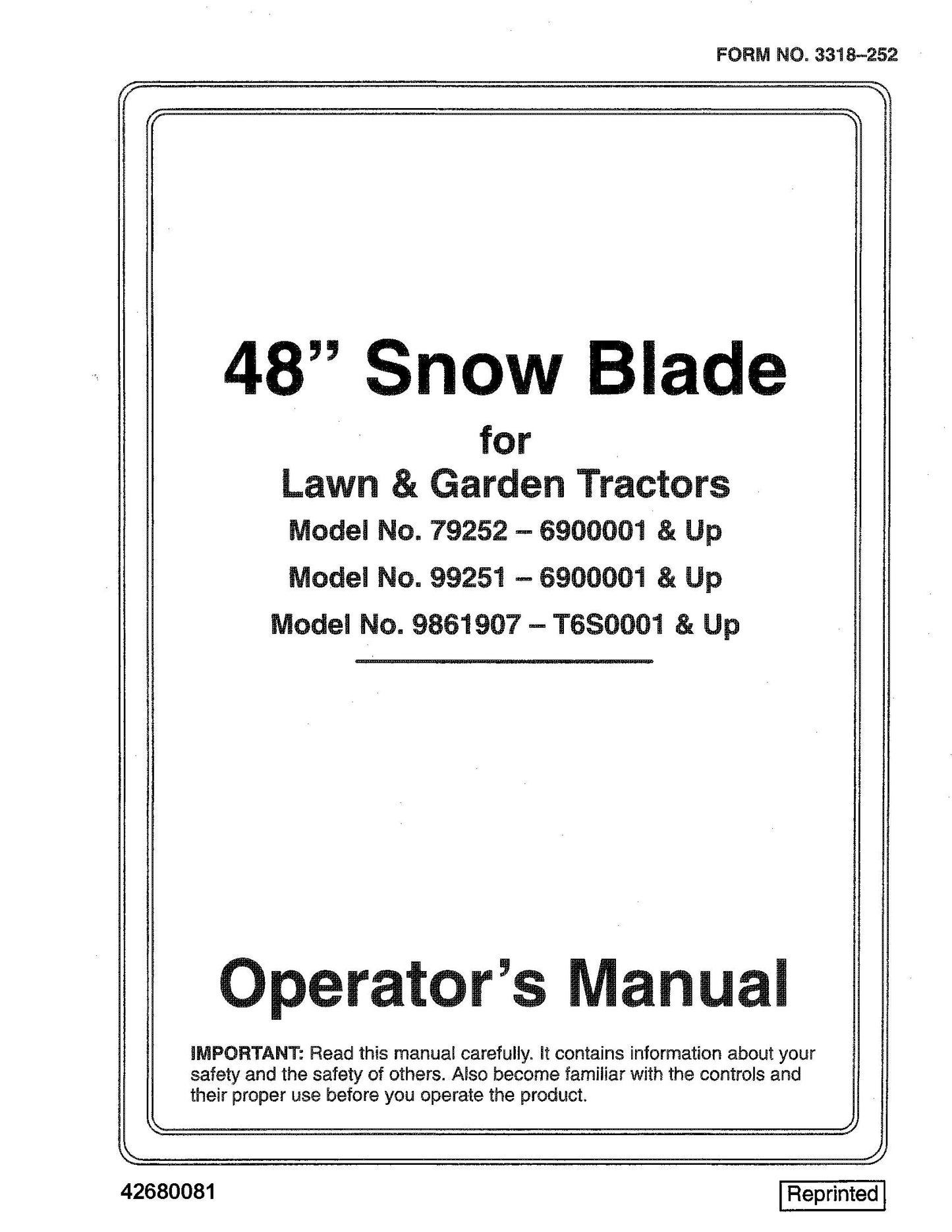 New Holland 48 Inch Snow Blade For Lawn & Garden TracOM 9861907 Manual Operator's Manual (42680081)