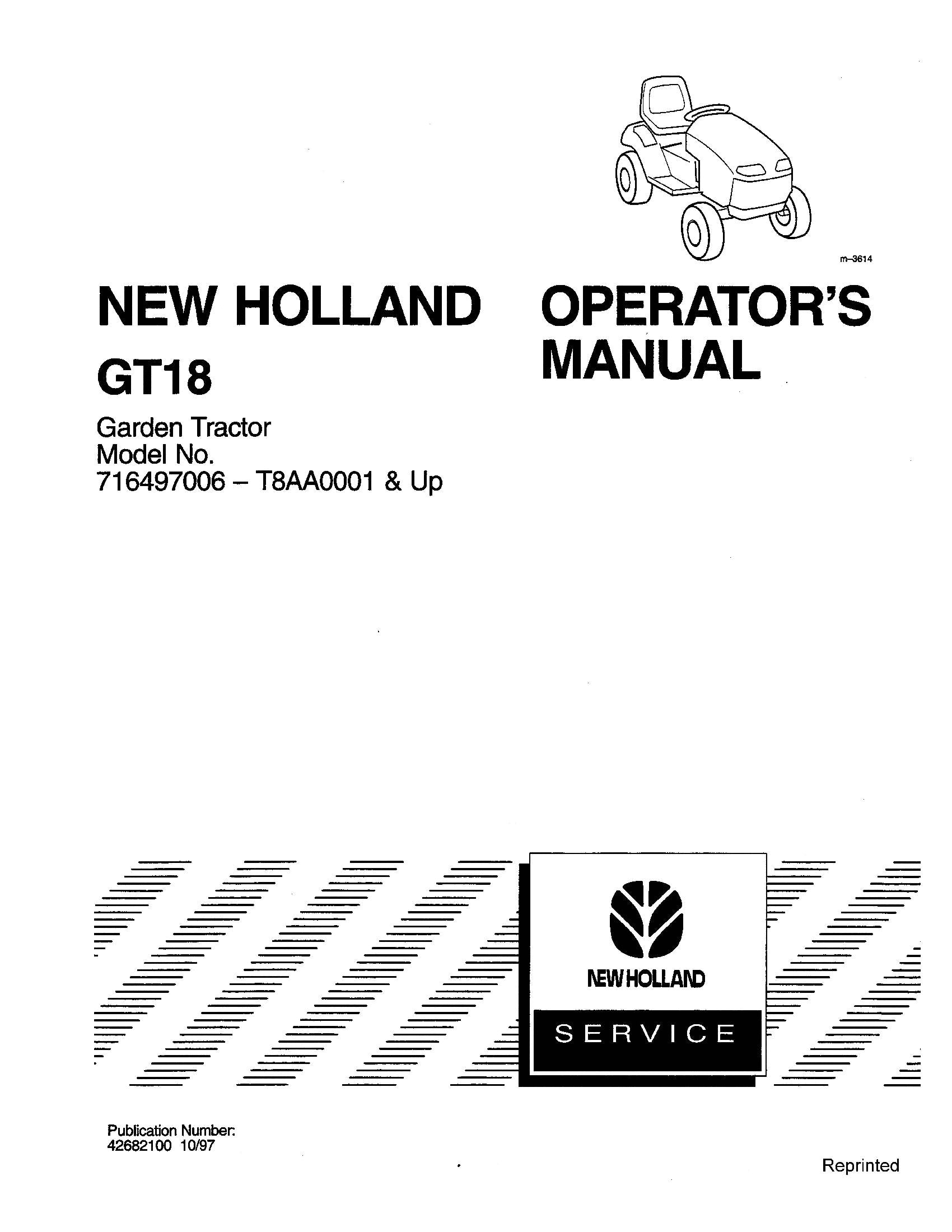 New Holland GT18 Garden Tractor Operator's Manual (42682100)