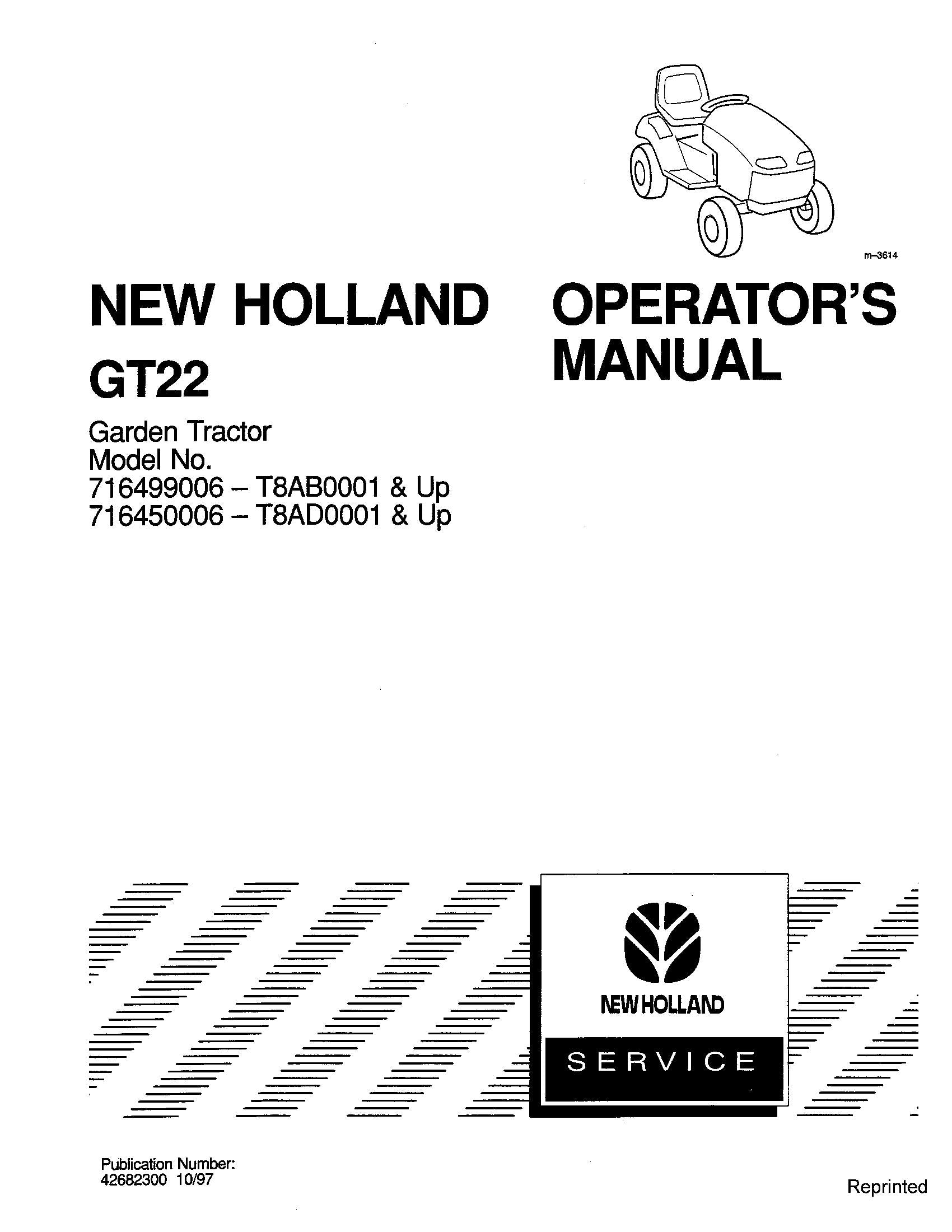 New Holland GT22,A Garden Tractor OM Operator's Manual (42682300)