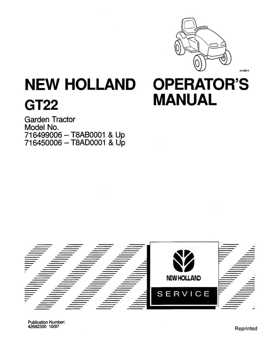 New Holland GT22,A Garden Tractor OM Operator's Manual (42682300)