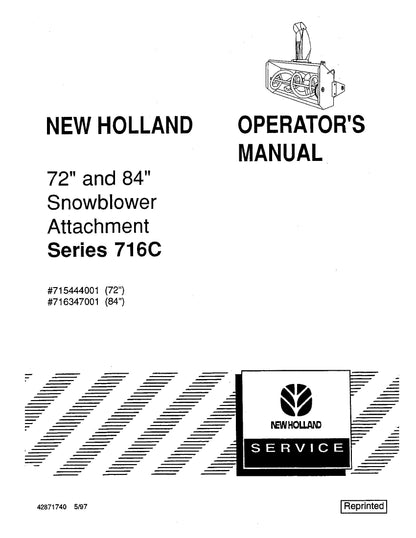 New Holland 72 & 84 Inch For Series 716C Snowblwr Attachment Operator's Manual (42871740)