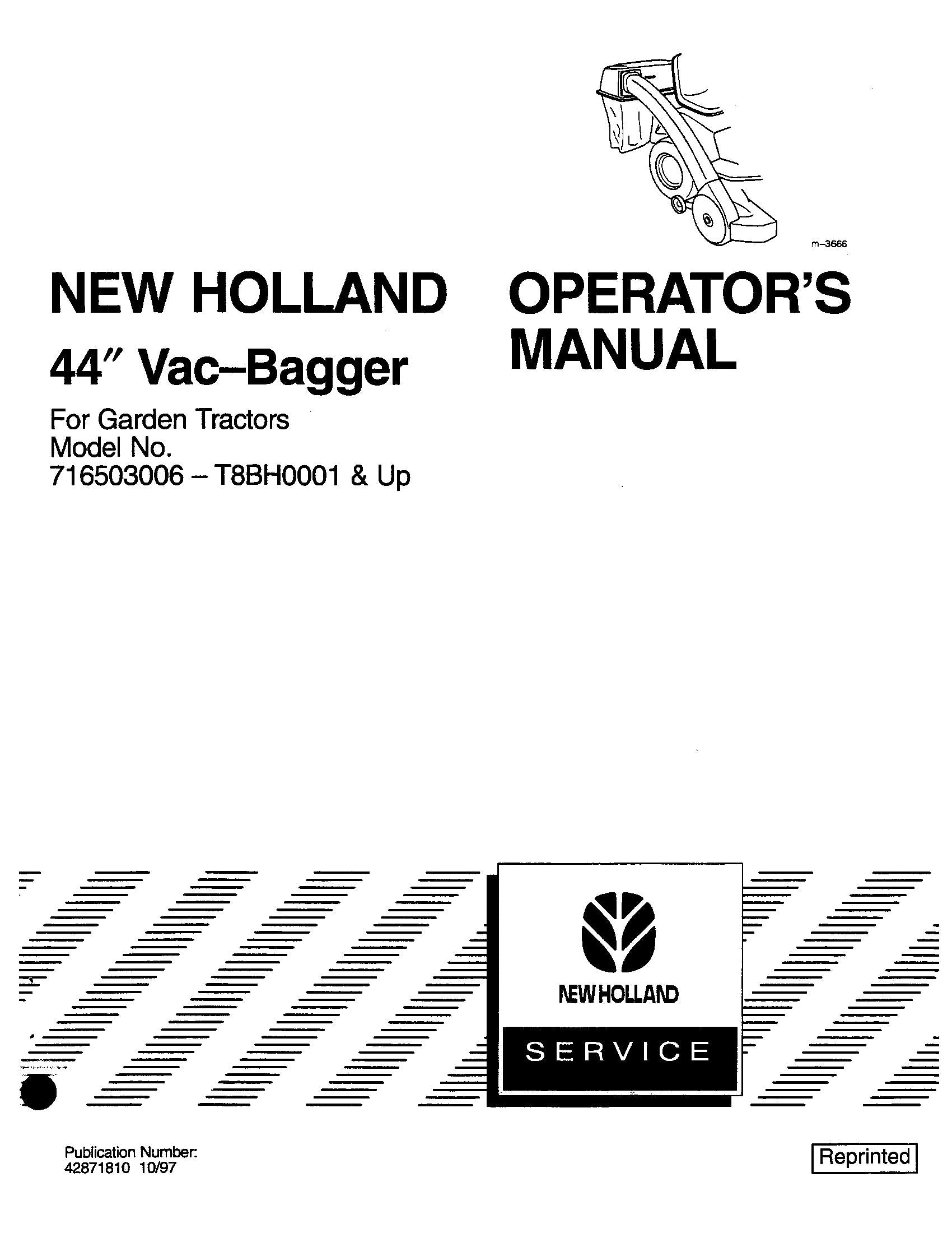 New Holland 44 Inch Vac-bagger For Garden Tractors Operator's Manual (42871810)