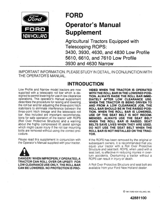 Ford Telescoping Rops Ag Tractor Supplement Operator's Manual (42881100)