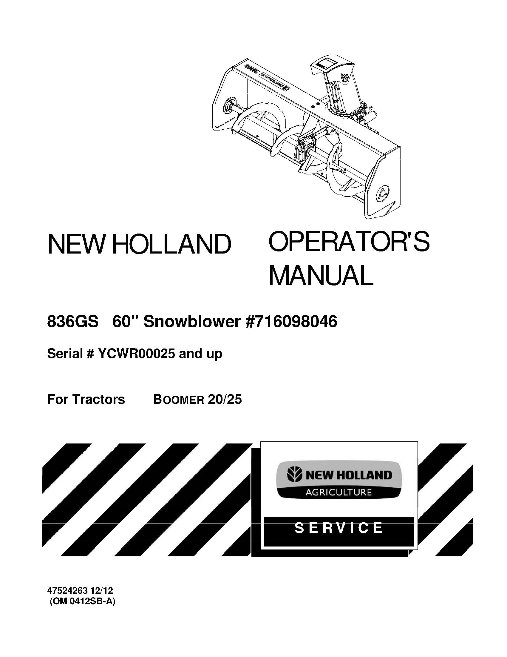 New Holland 836GS 60 Inch Snowblower - 716098046 - PIN YCWR00025 and Above For Tractors Boomer 20-25 Operator's Manual (47524263)