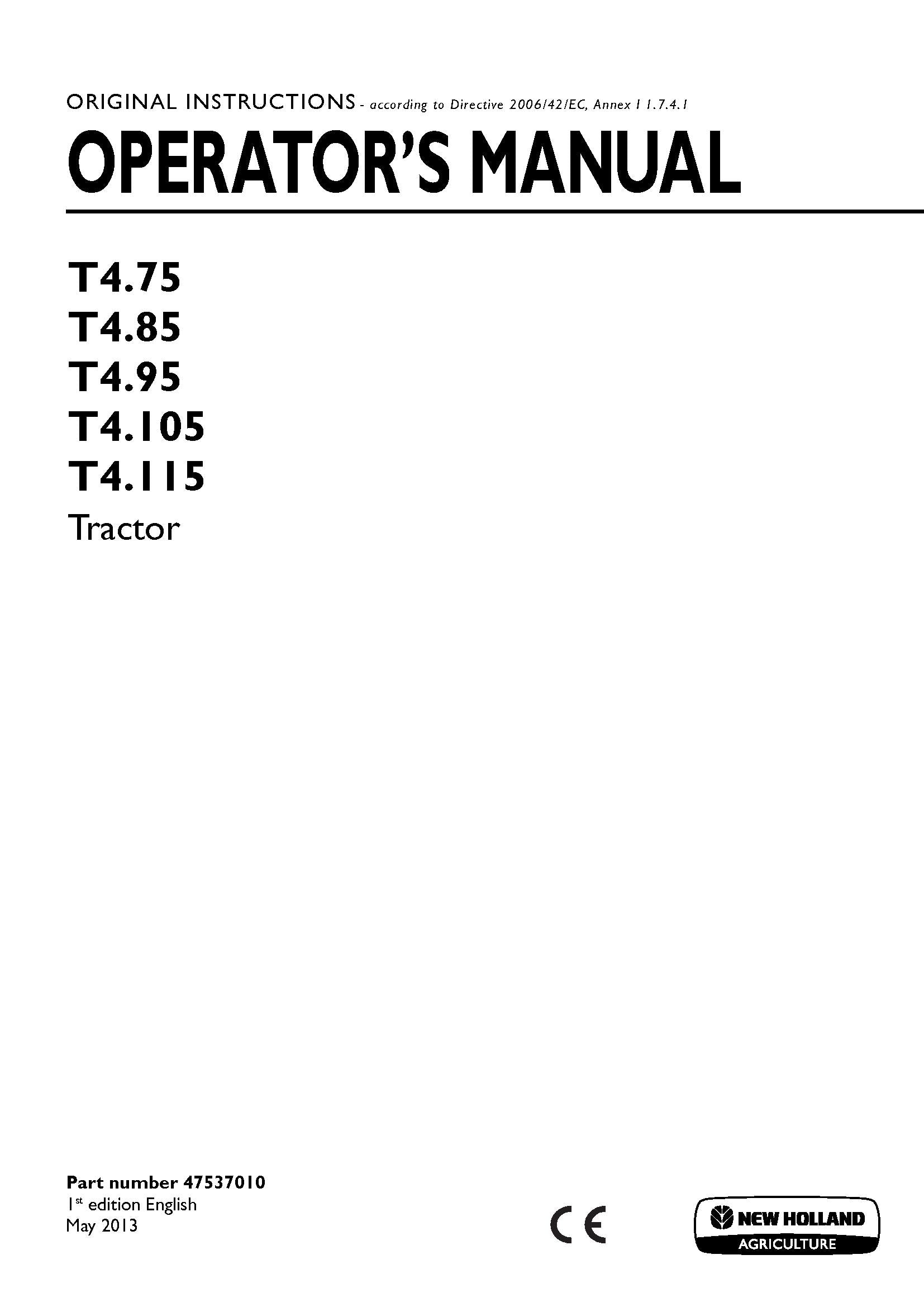 New Holland T475, T485, T495, T4105, T4115 Tractor Operator's Manual (47537010)
