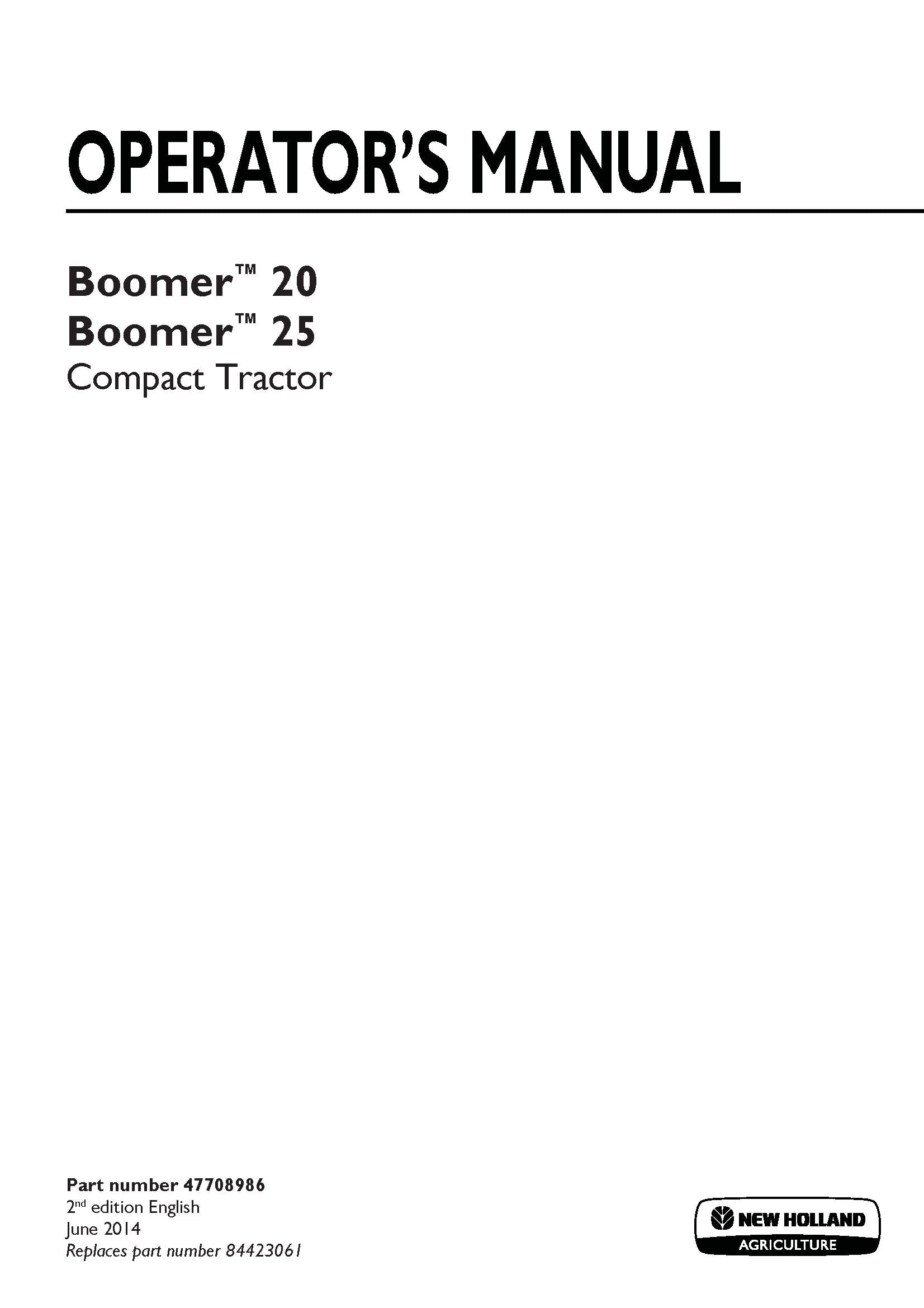 New Holland Boomer 20, 25 Compact Tractor Operator's Manual (47708986)