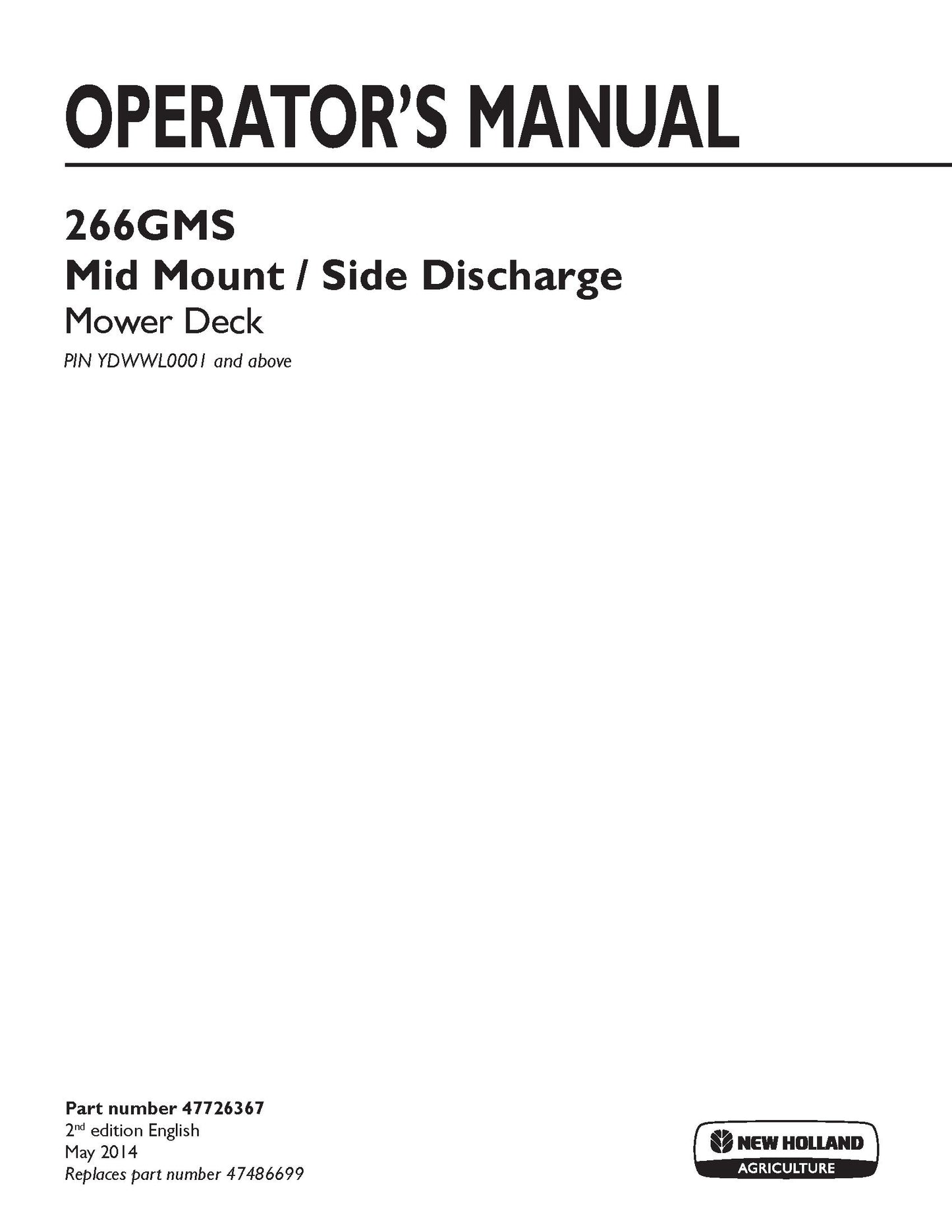 New Holland 266GMS Mower Deck Operator's Manual (47726367)