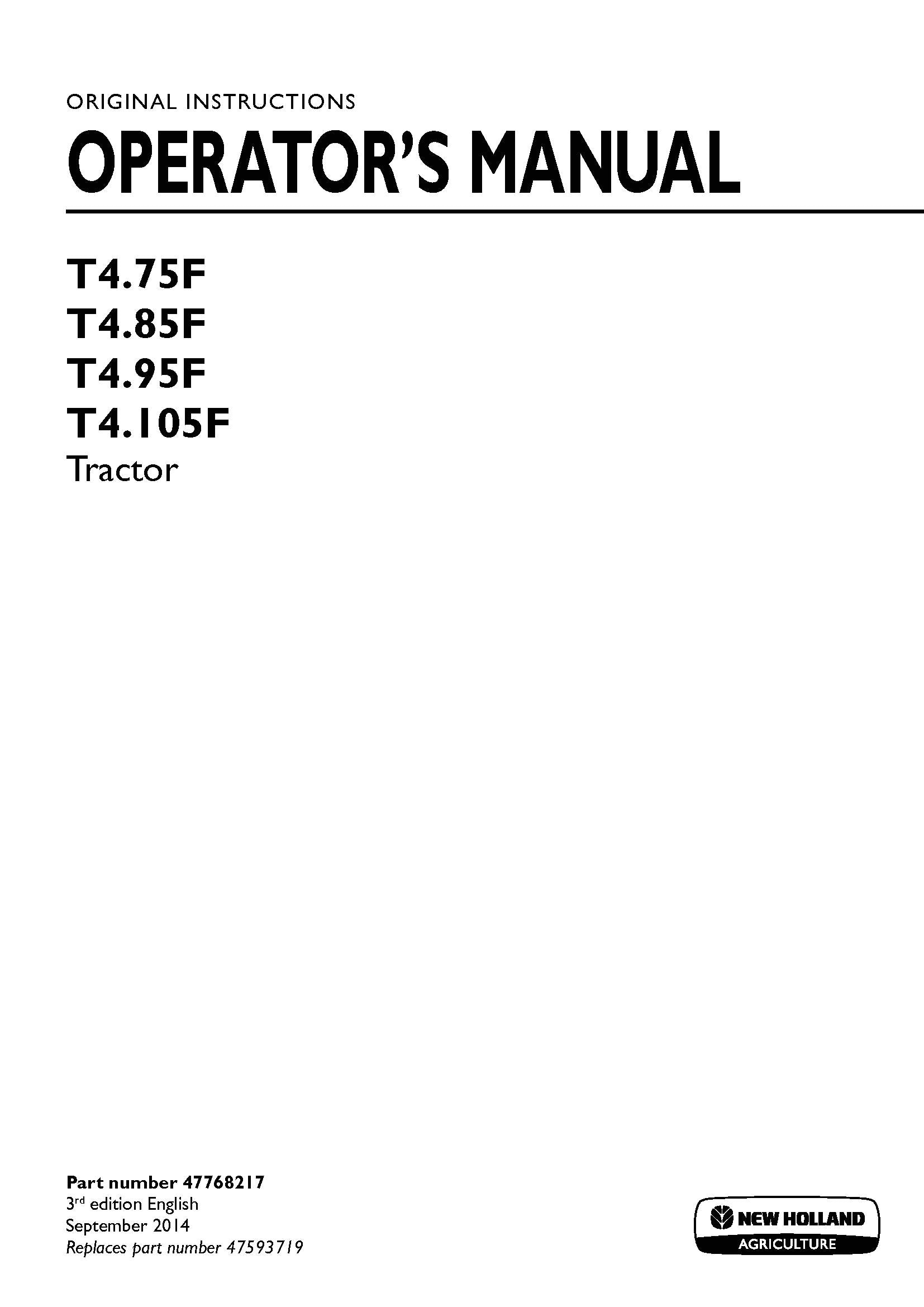 New Holland T475F, T485F, T495F, T4105F Tractor Operator's Manual (47768217)