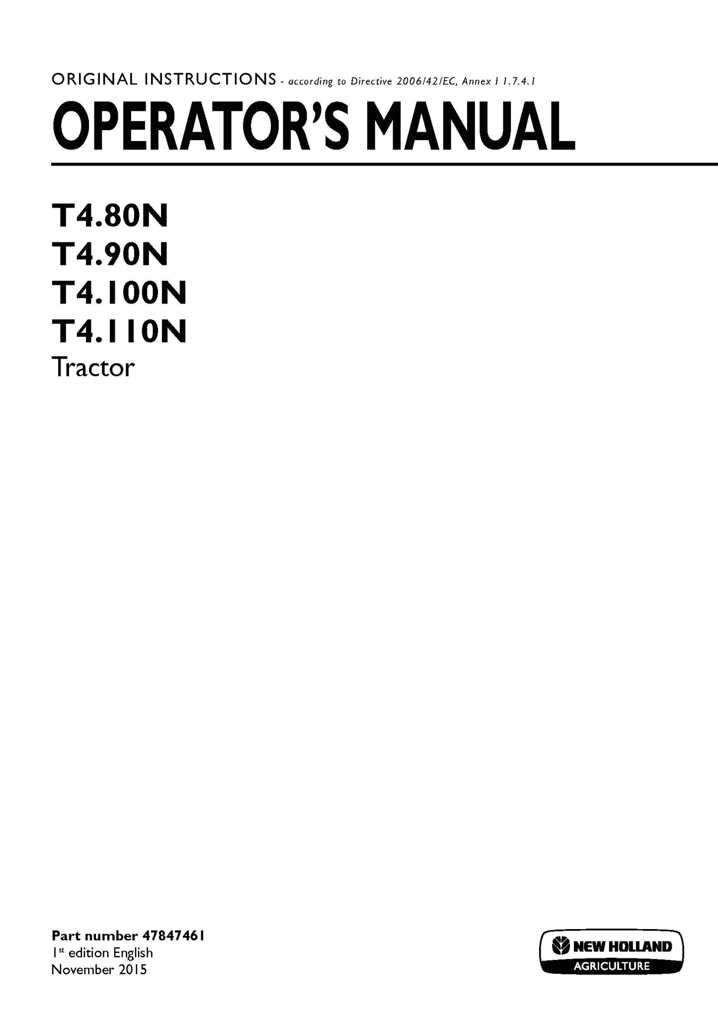 New Holland T480N, T490N, T4100N, T4110N Tractor Operator's Manual (47847461)