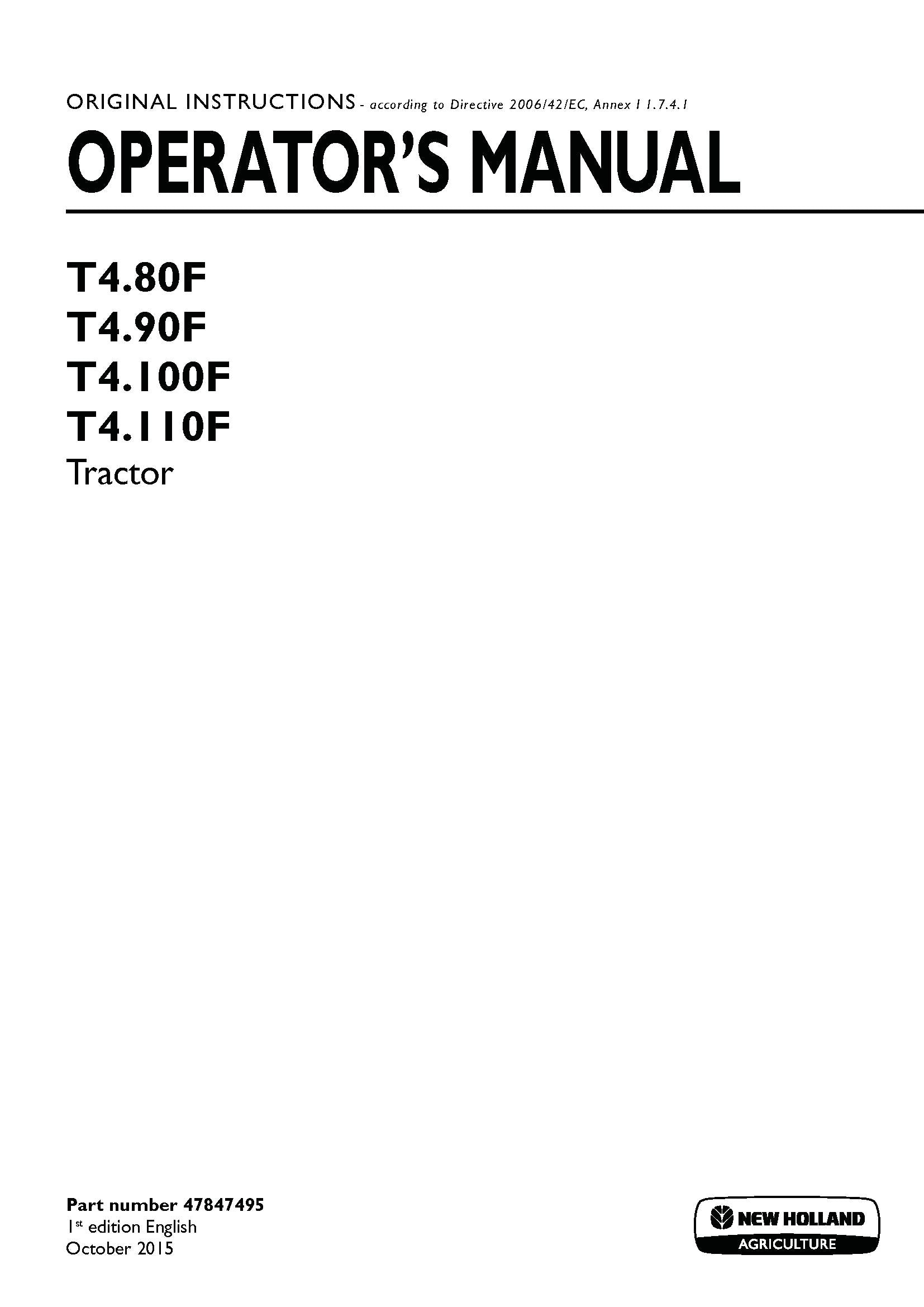 New Holland T480F, T490F, T4100F, T4110F Tractor Operator's Manual (47847495)