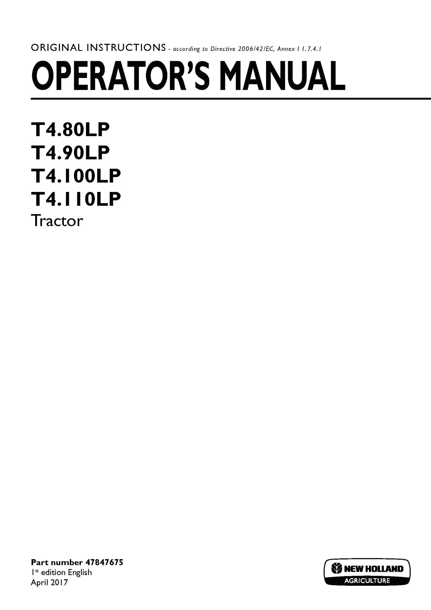 New Holland T480LP, T490LP, T4100LP, T4110LP Tractor Operator's Manual (47847675)