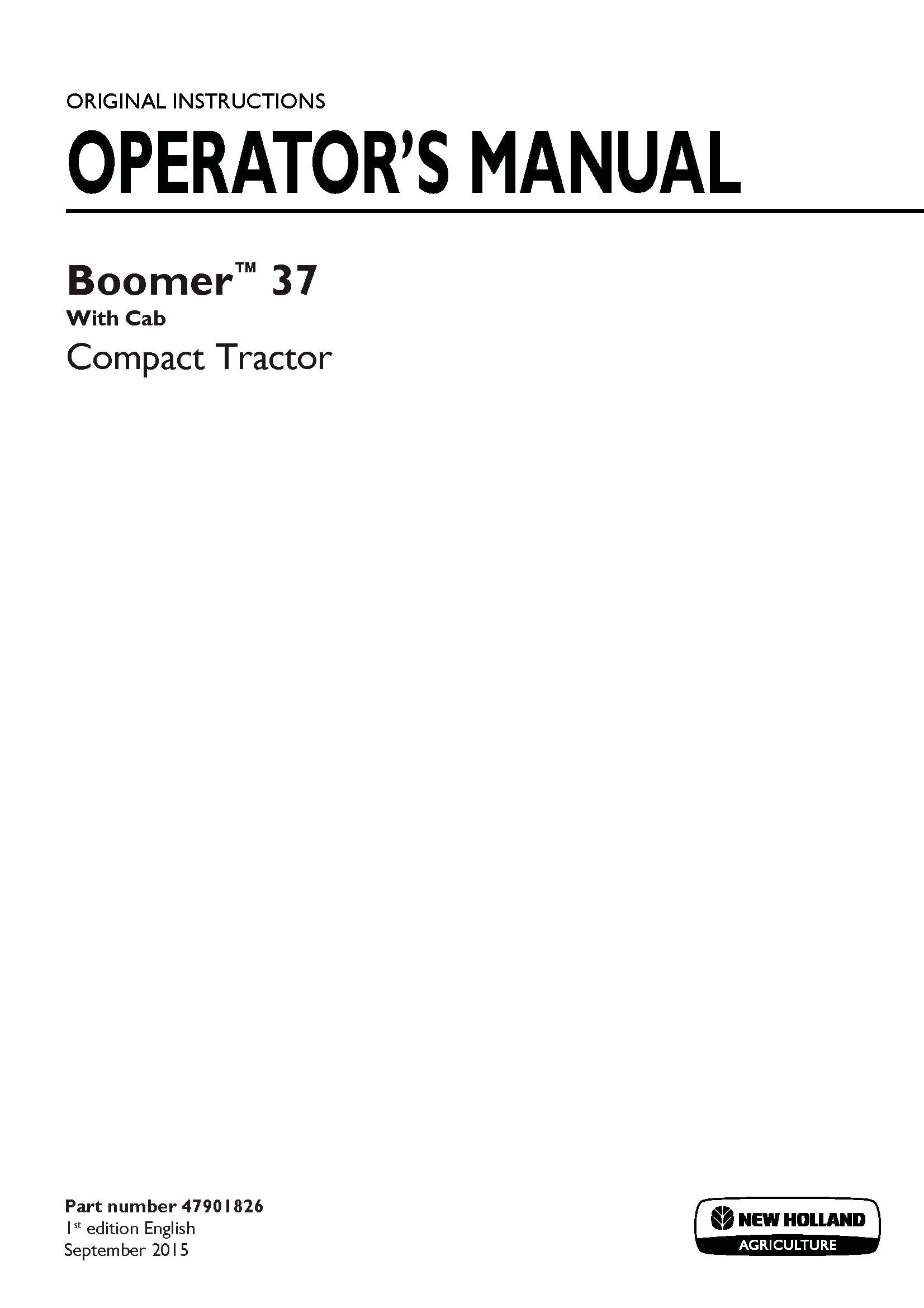 New Holland Boomer 37 compact tractor with cab Operator's Manual (47901826)