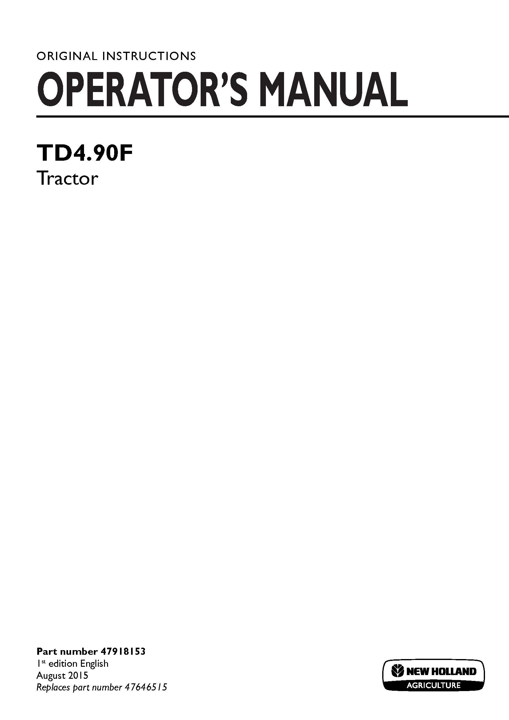 New Holland TD4.90F Tractor Operator's Manual (47918153)