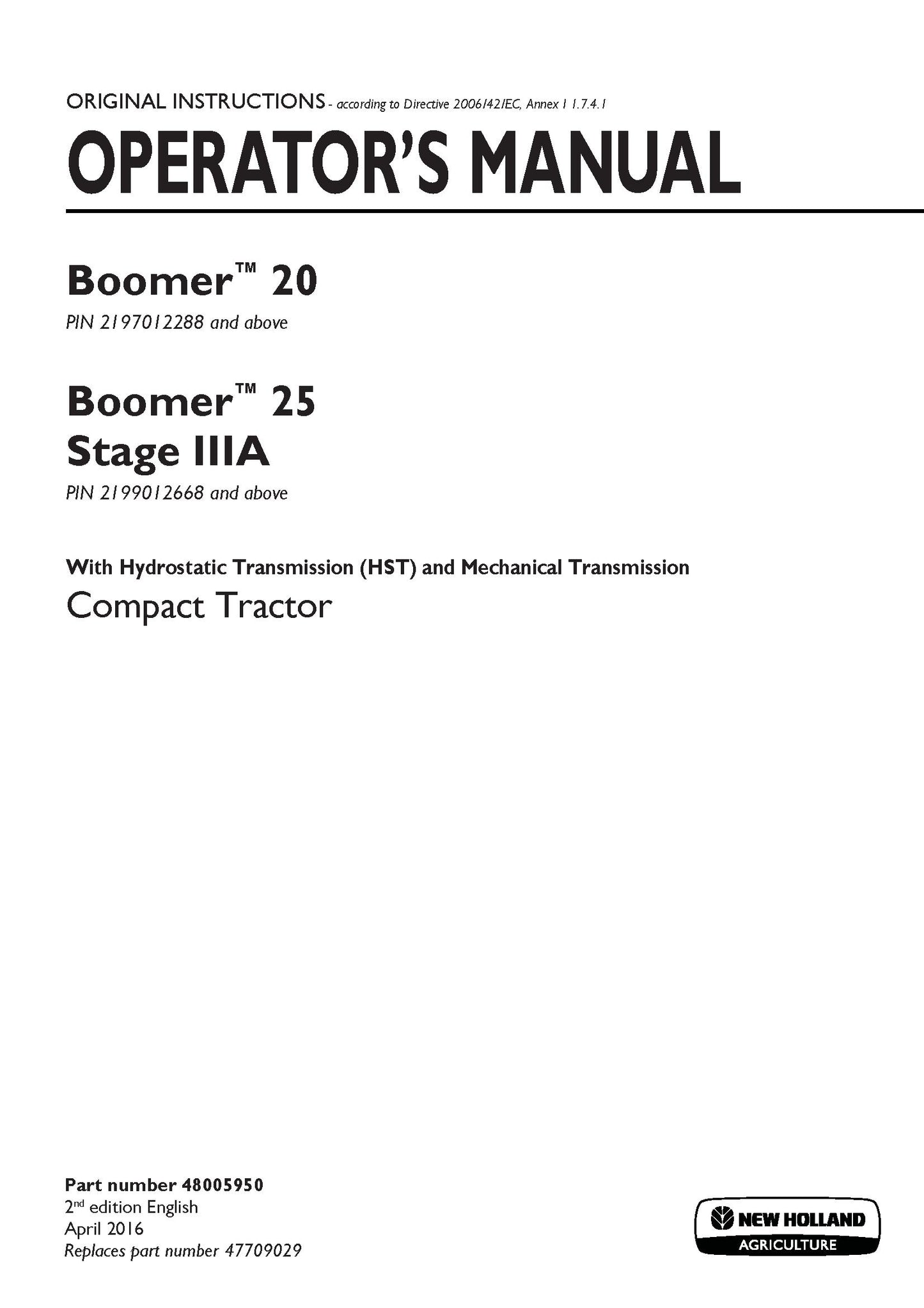 New Holland Boomer 20, Boomer 25 Stage IIIA Compact tractor Operator's Manual (48005950)
