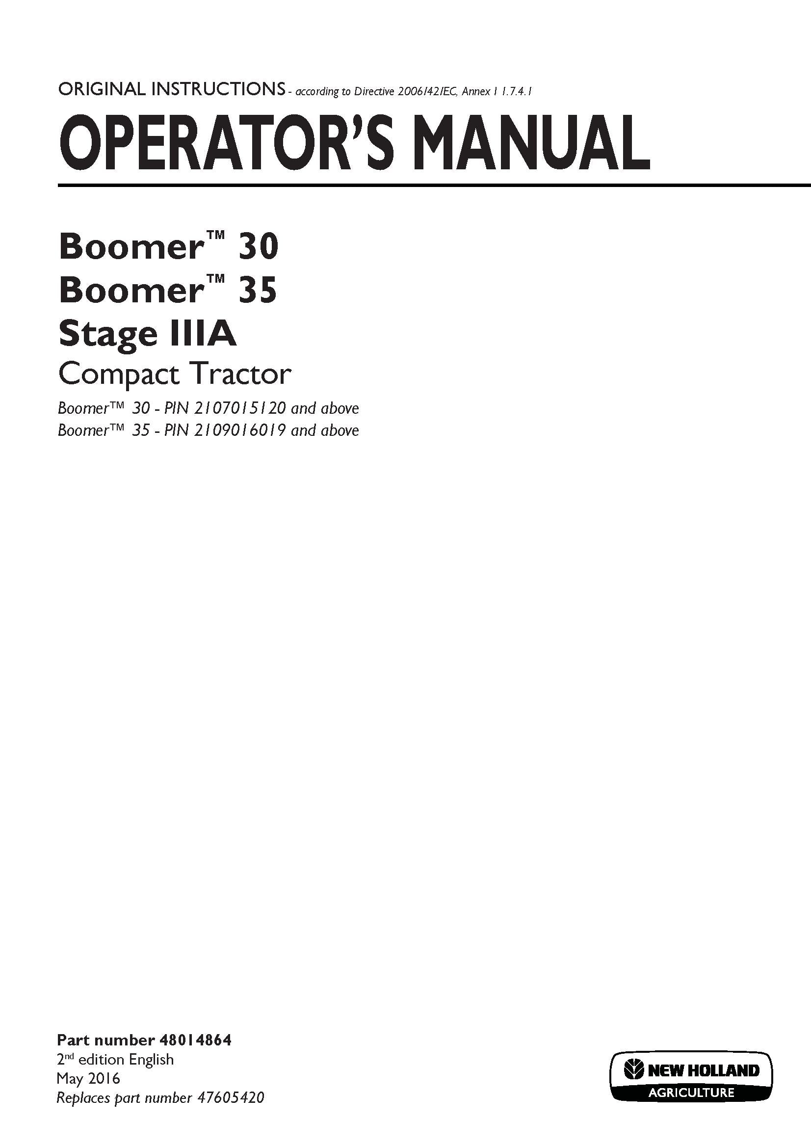New Holland Boomer 30, Boomer 35 Stage IIIA Compact tractor Operator's Manual (48014864)