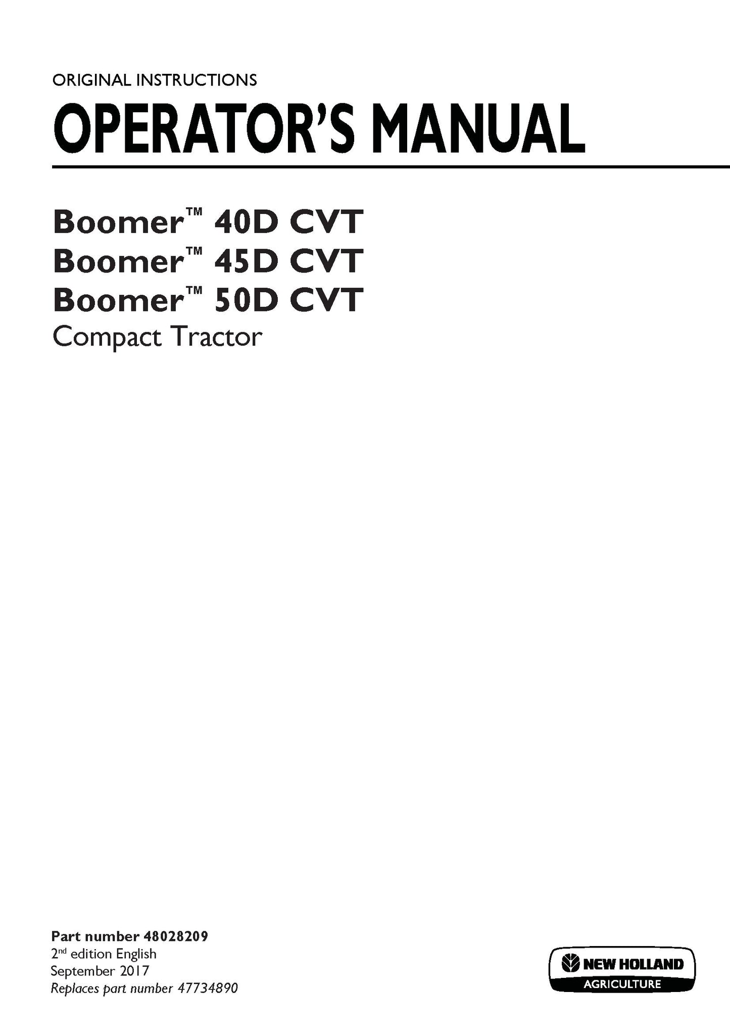 New Holland Boomer 40D, 45D, 50D CVT Tier 3 Compact tractor Operator's Manual (48028209)