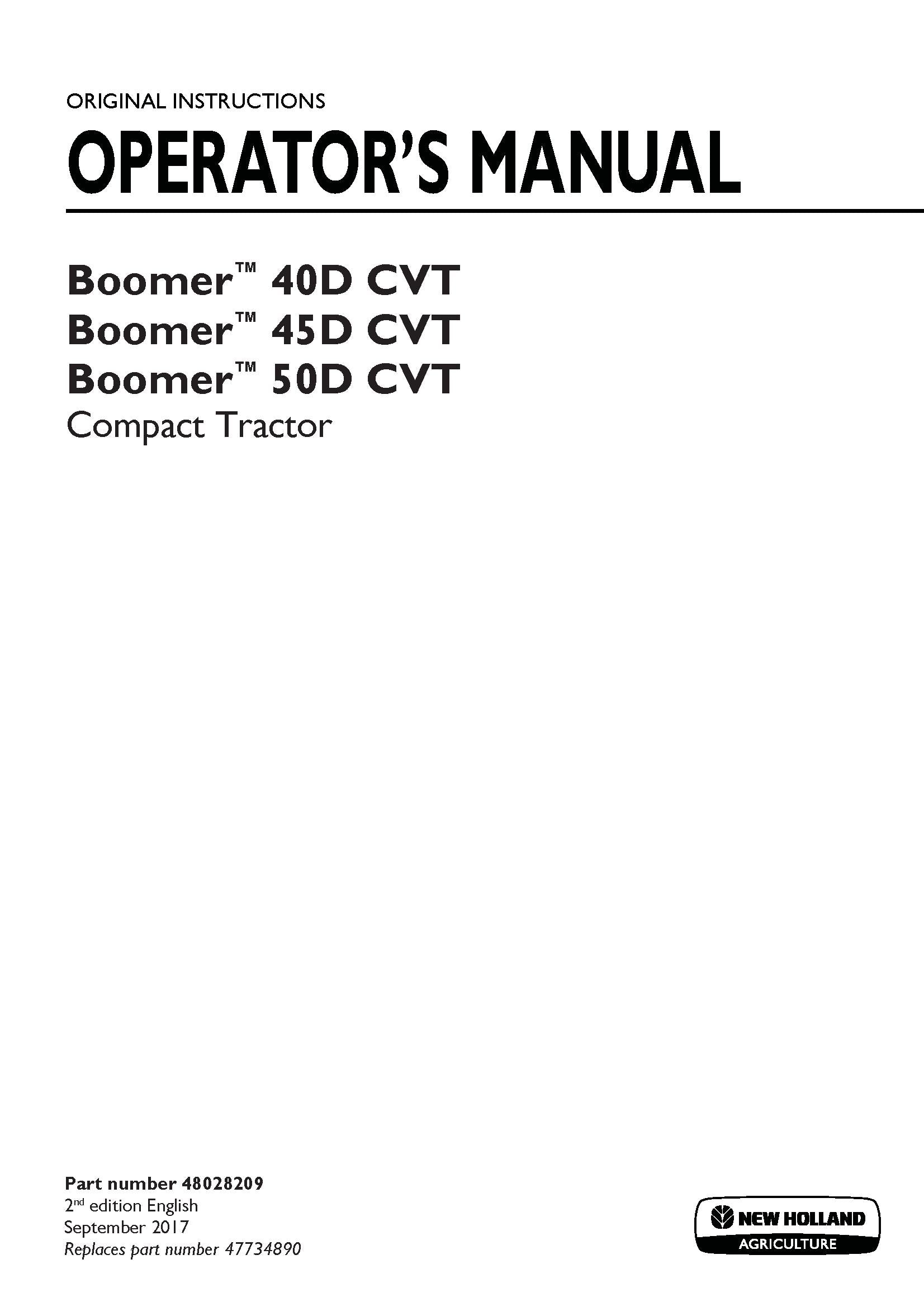 New Holland Boomer 40D, 45D, 50D CVT Tier 3 Compact tractor Operator's Manual (48028209)