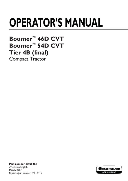 New Holland Boomer 46D CVT, Boomer 54D CVT Tier 4B Compact tractor Operator's Manual (48028213)