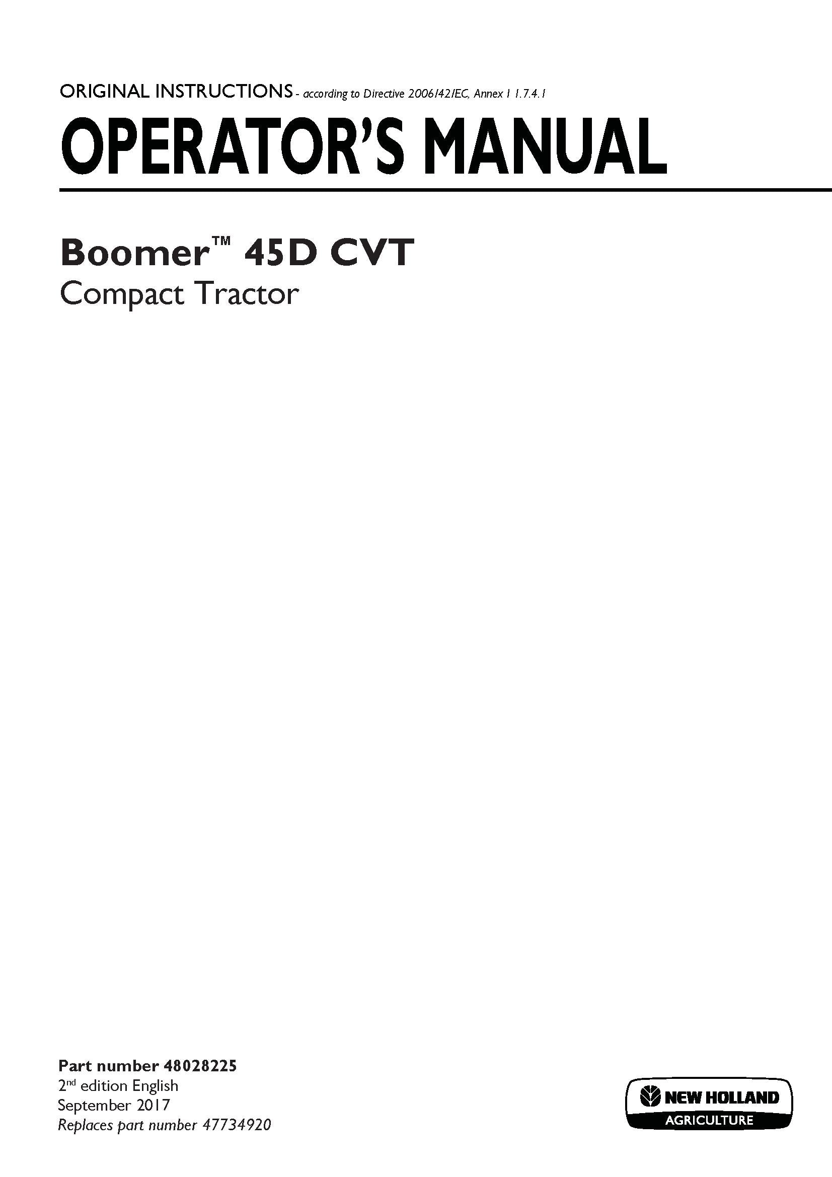 New Holland Boomer 45D CVT Stage IIIA Compact tractor Operator's Manual (48028225)