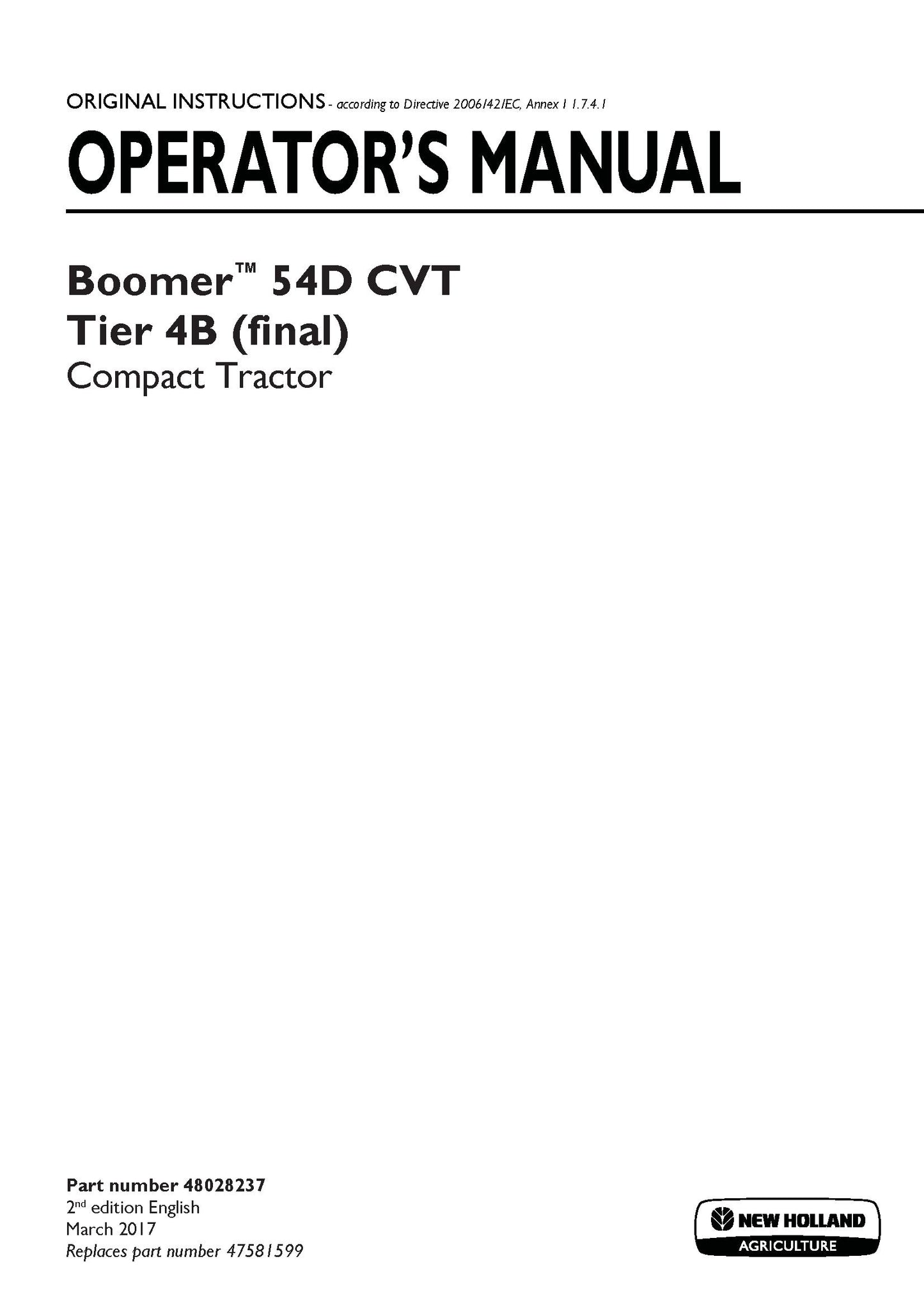 New Holland Boomer 54D CVT Tier 4B Compact tractor Operator's Manual (48028237)