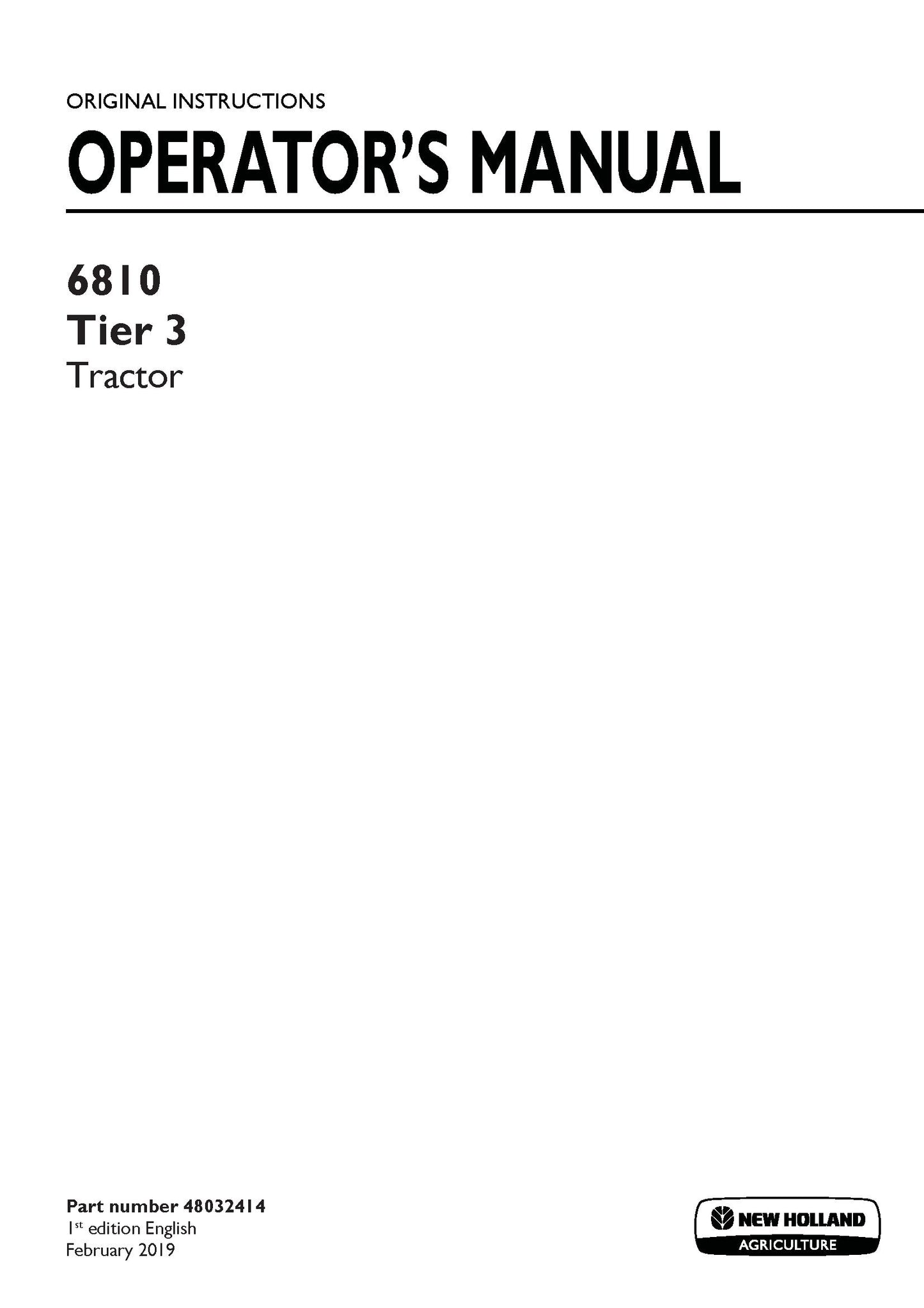 New Holland 6810 Tier 3 Tractor Operator's Manual (48032414)