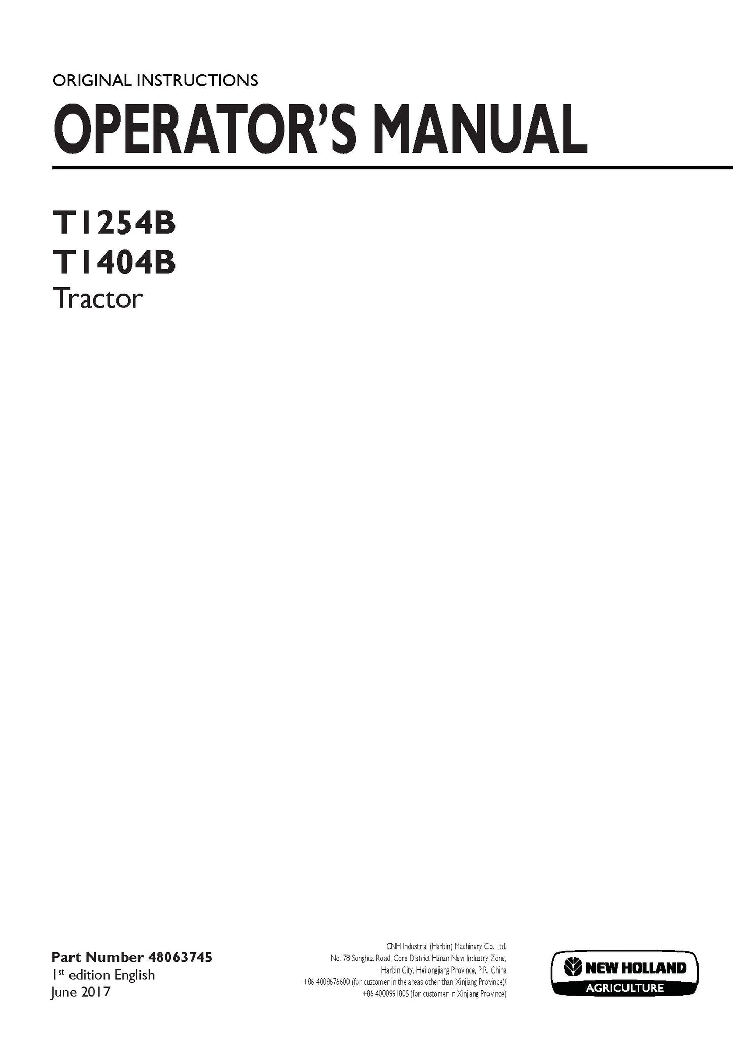 New Holland T1254B, T1404B Tractor Operator's Manual (48063745)