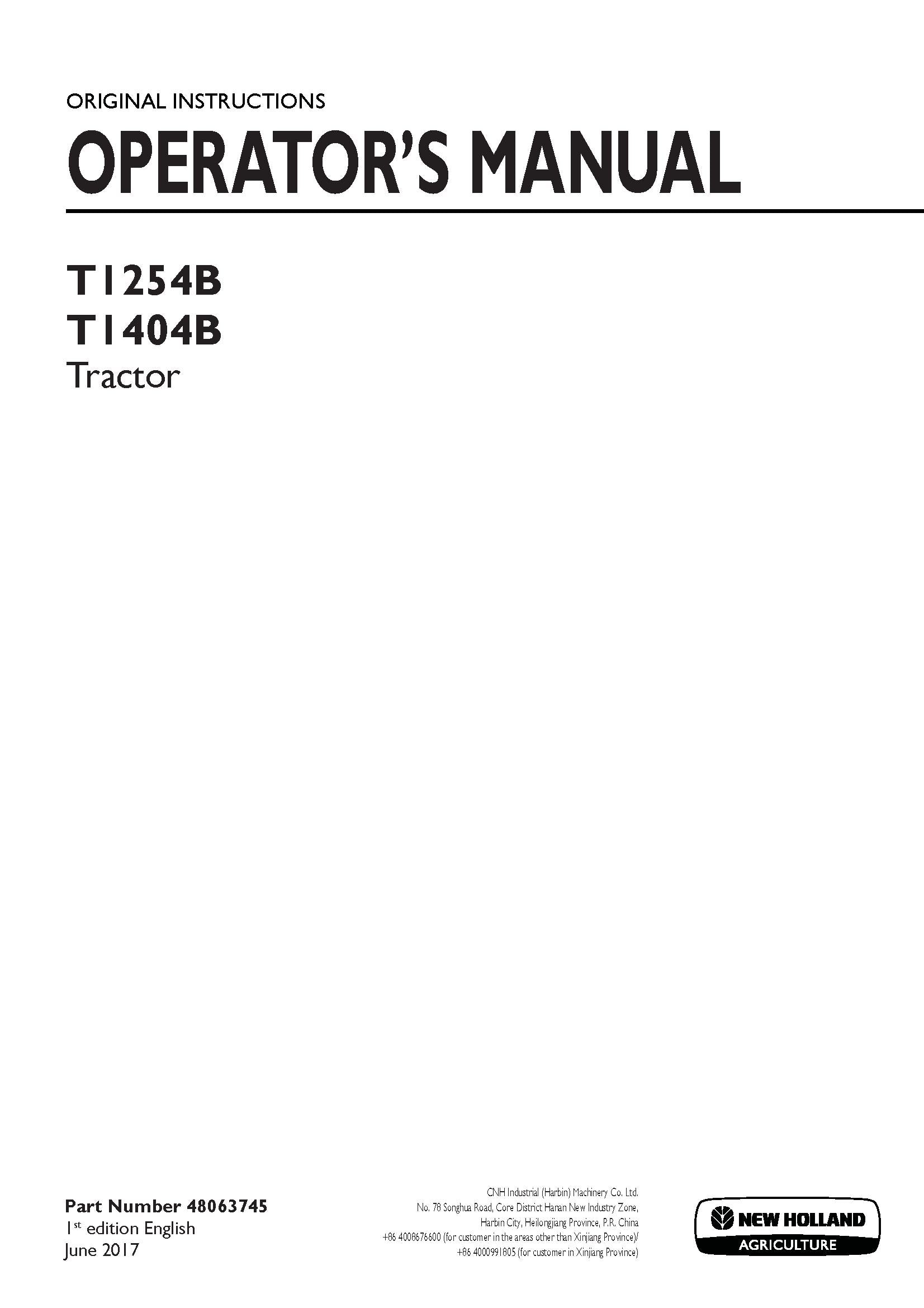 New Holland T1254B, T1404B Tractor Operator's Manual (48063745)