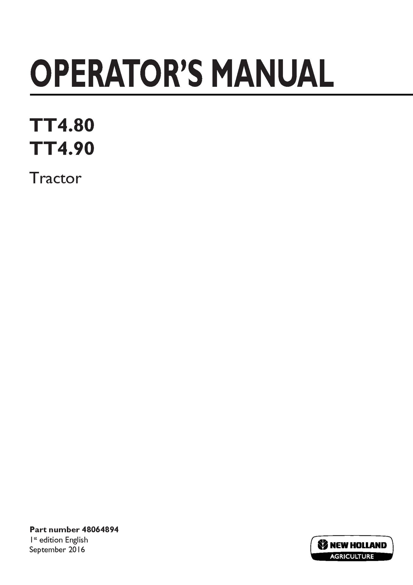 New Holland TT4.80, TT4.90 Tractor Operator's Manual (48064894)