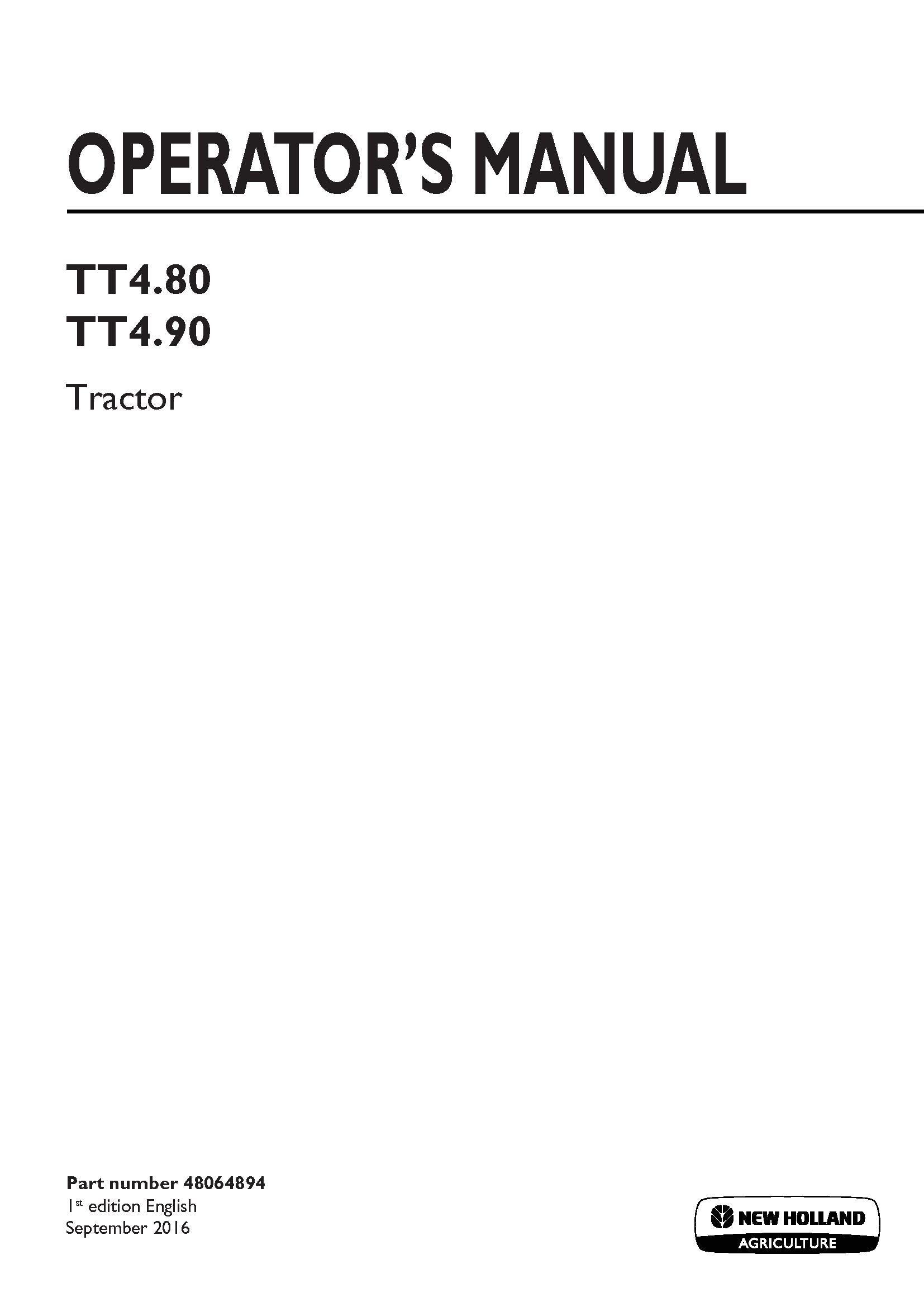 New Holland TT4.80, TT4.90 Tractor Operator's Manual (48064894)