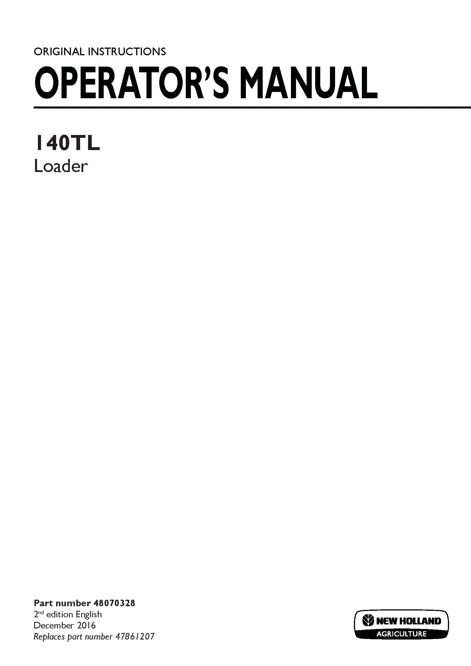 New Holland 140TL Farm loader Operator's Manual (48070328)