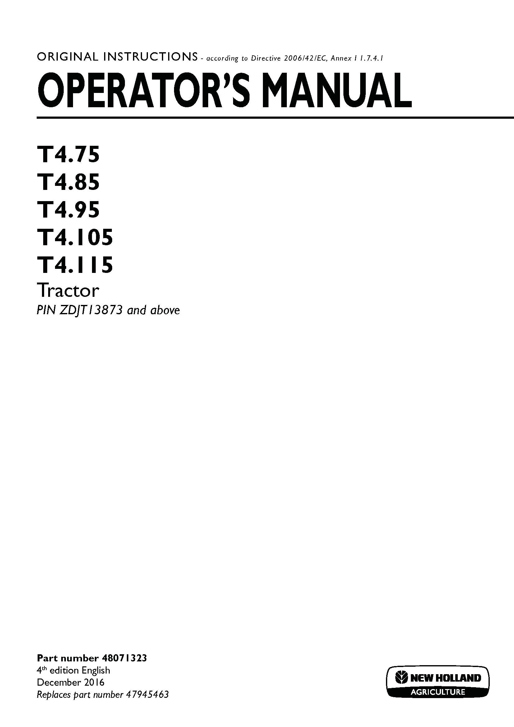 New Holland T475, T485, T495, T4105, T4115 Tractor Operator's Manual (48071323)