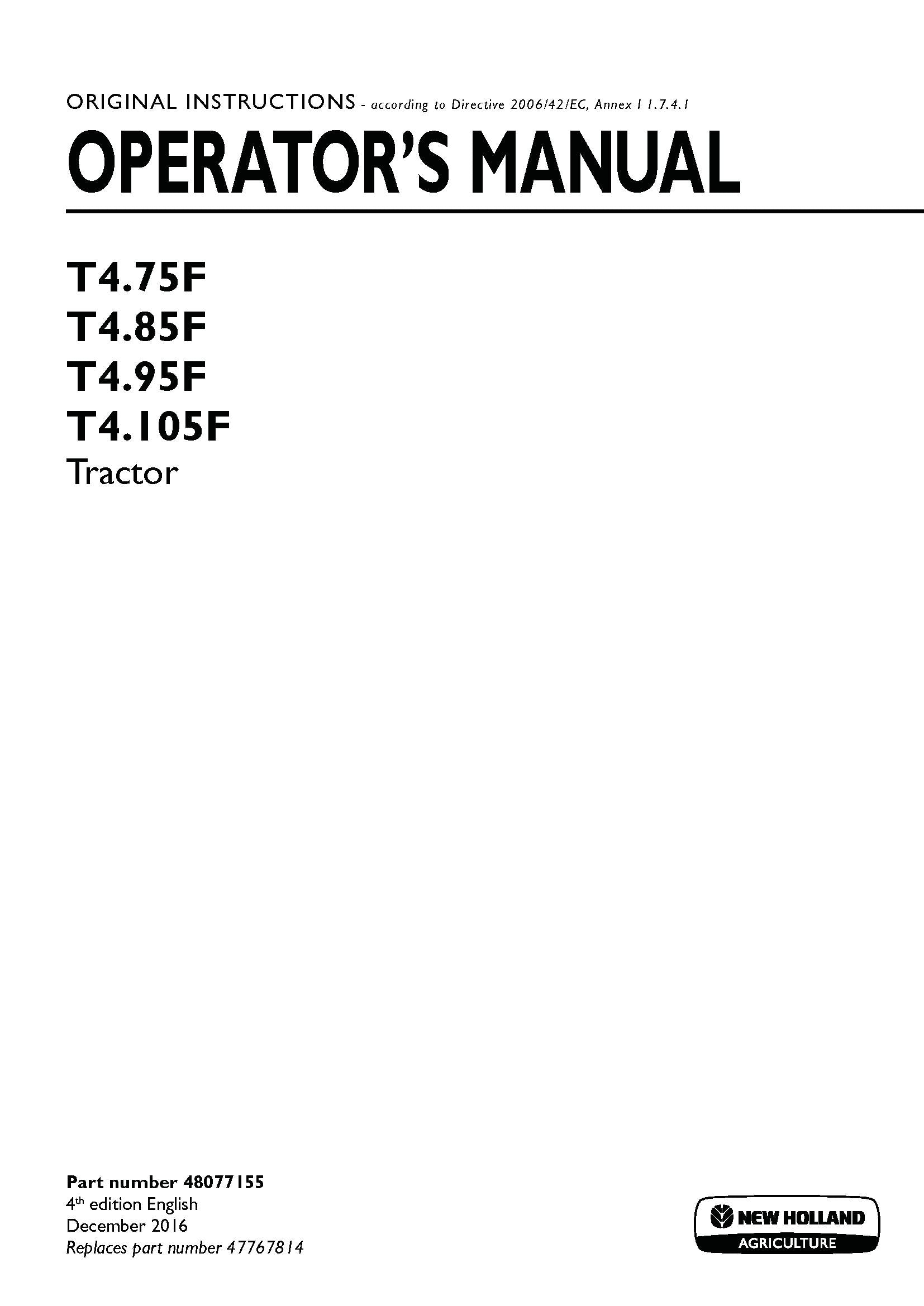 New Holland T475F, T485F, T495F, T4105F Tractor Operator's Manual (48077155)