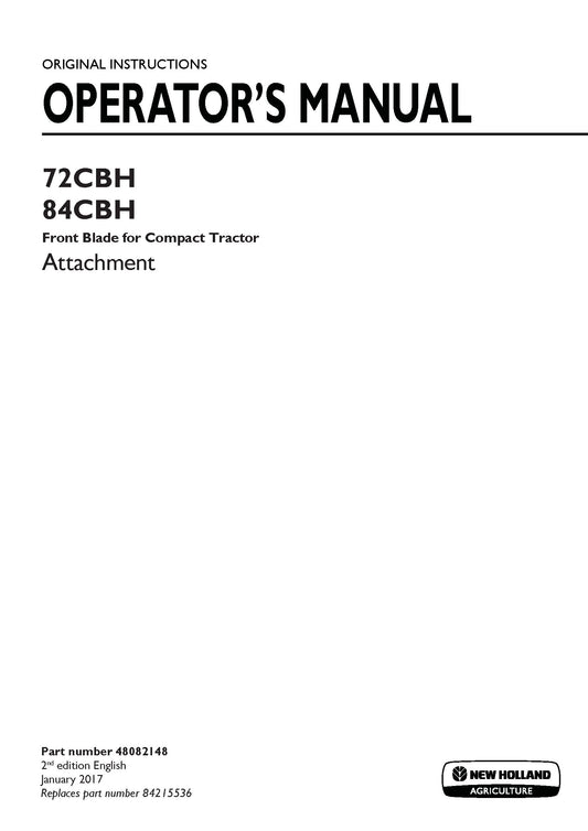 New Holland 72CBH, 84CBH Front blade for compact tractor attachment Operator's Manual (48082148)