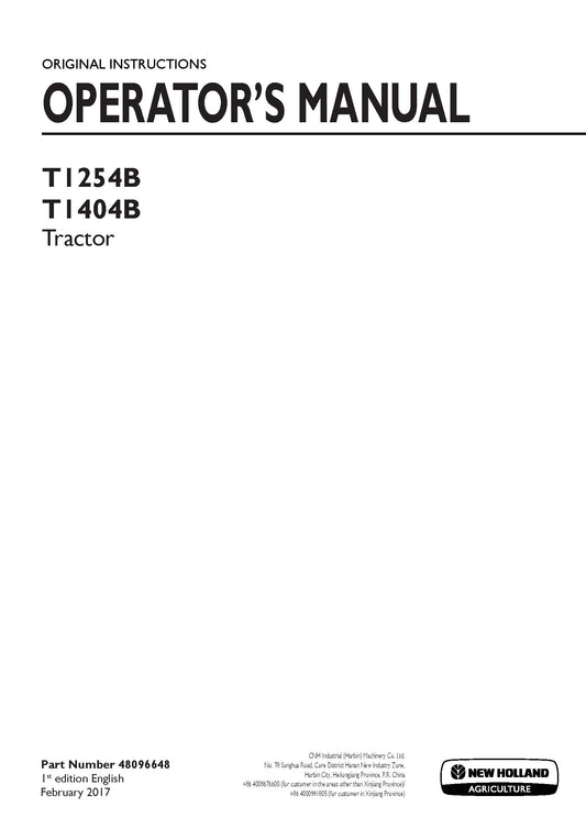 New Holland T1254B, T1404B Tractor Operator's Manual (48096648)