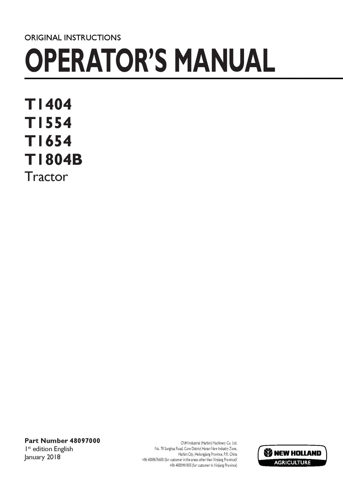 New Holland T1404, T1554, T1654, T1804B Tractor Operator's Manual (48097000)