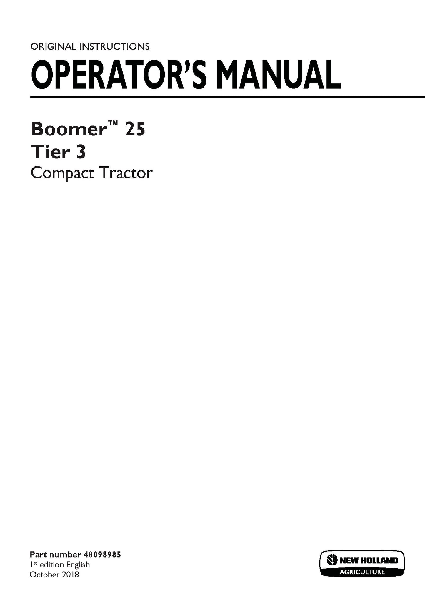 New Holland Boomer 35 Tier 3 Compact tractor Operator's Manual (48098985)