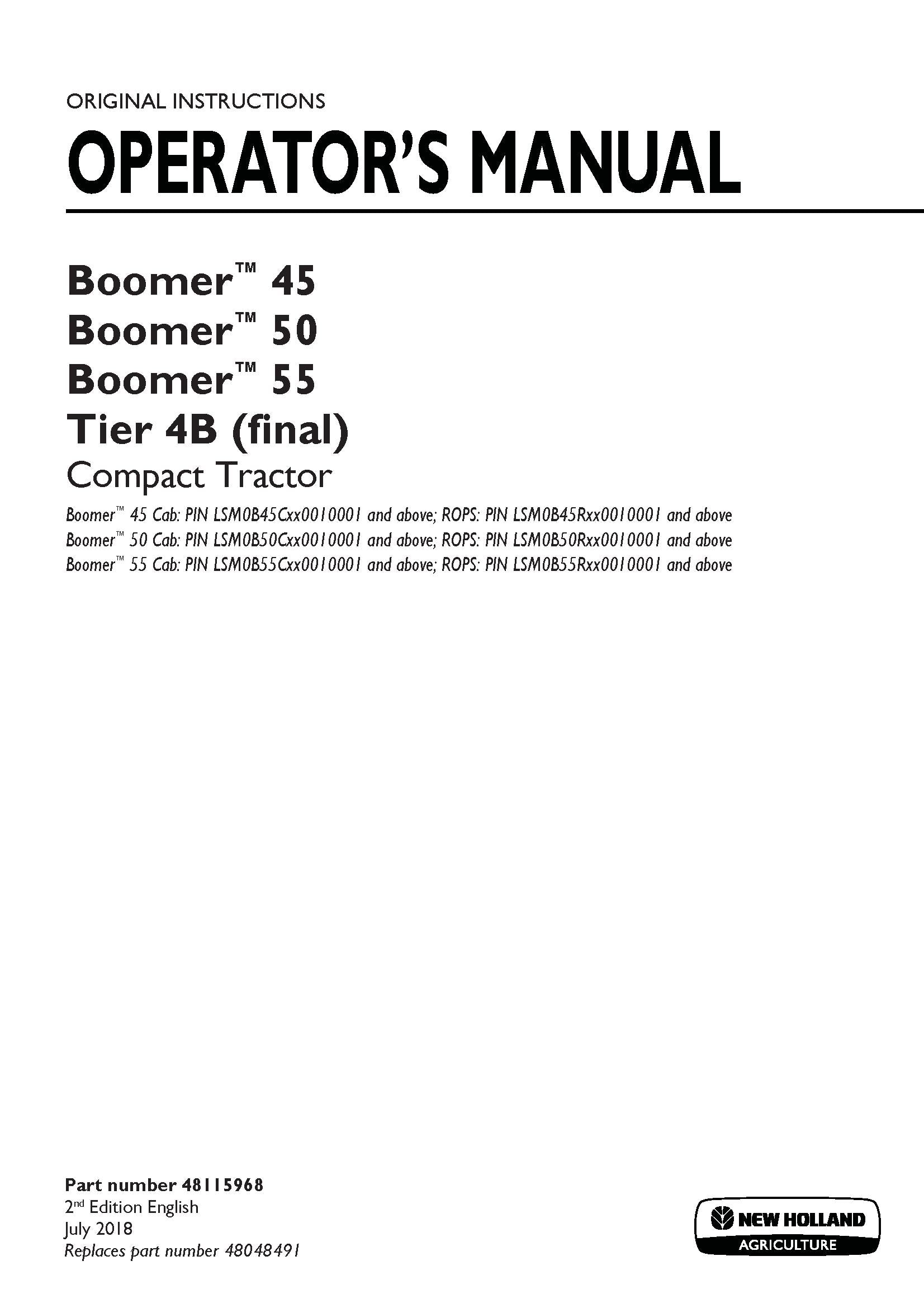 New Holland Boomer 45, 50, 55 Tier 4B compact tractor Operator's Manual (48115968)