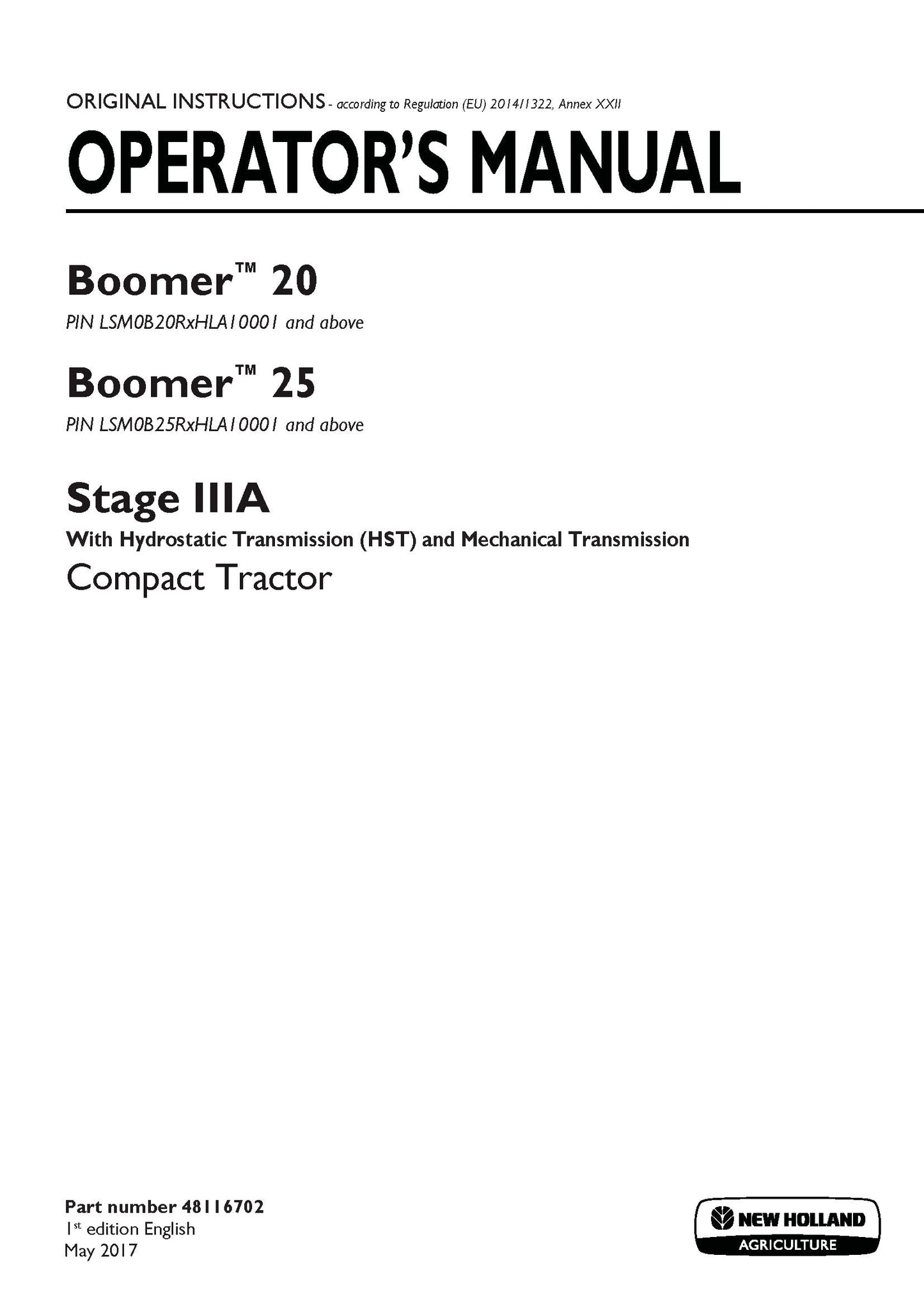 New Holland Boomer 20, Boomer 25 Stage IIIA with HST and Mechanical Transmission Compact tractor Operator's Manual (48116702)