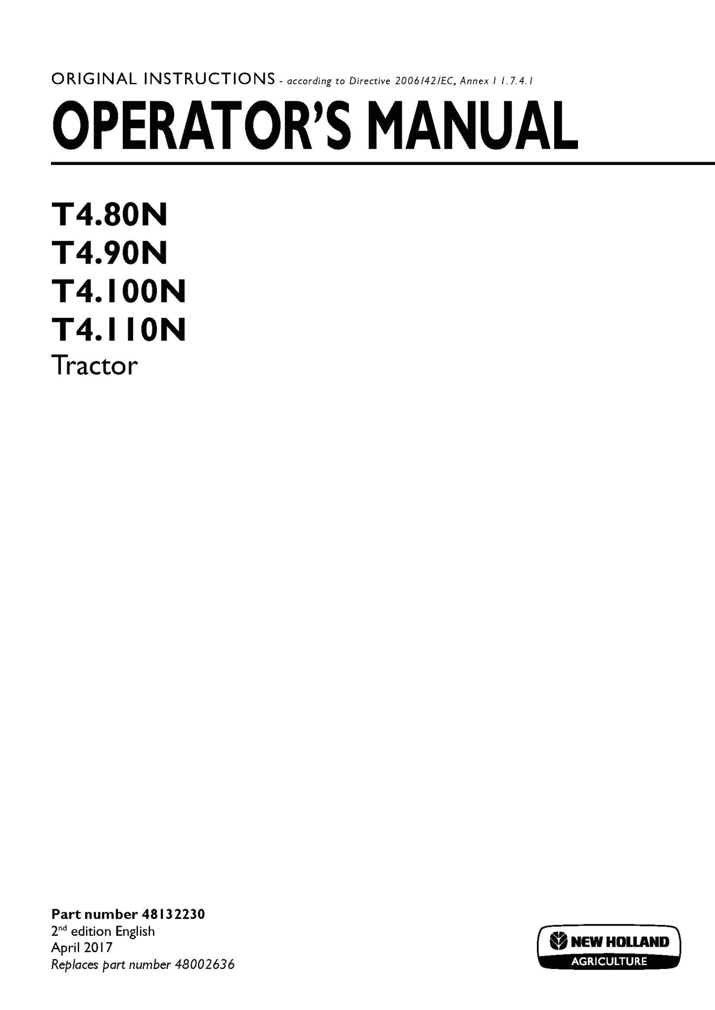 New Holland T480N, T490N, T4100N, T4110N Tractor - Tier 4A Operator's Manual (48132230)