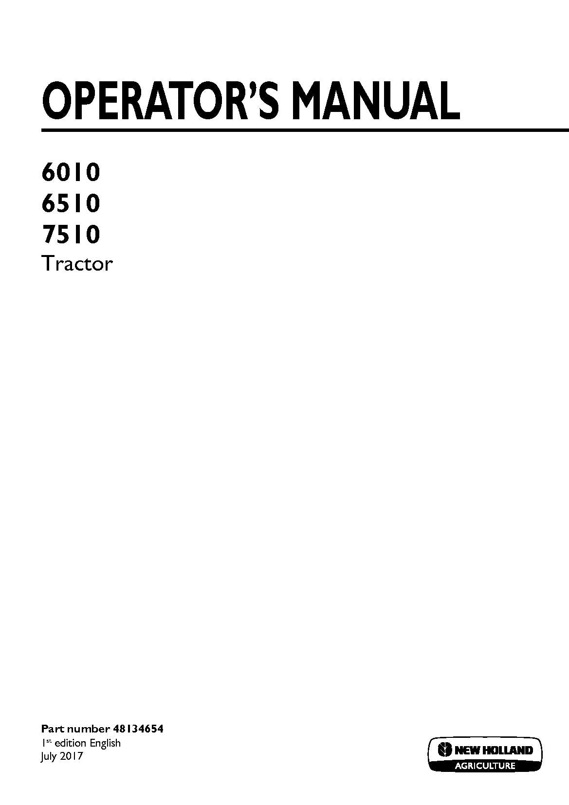 New Holland 6010, 6510, 7510 Tractor Operator's Manual (48134654)