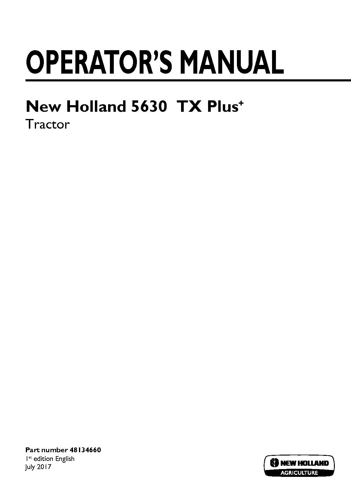 New Holland 5630TX Plus+ Tractor Operator's Manual (48134660)