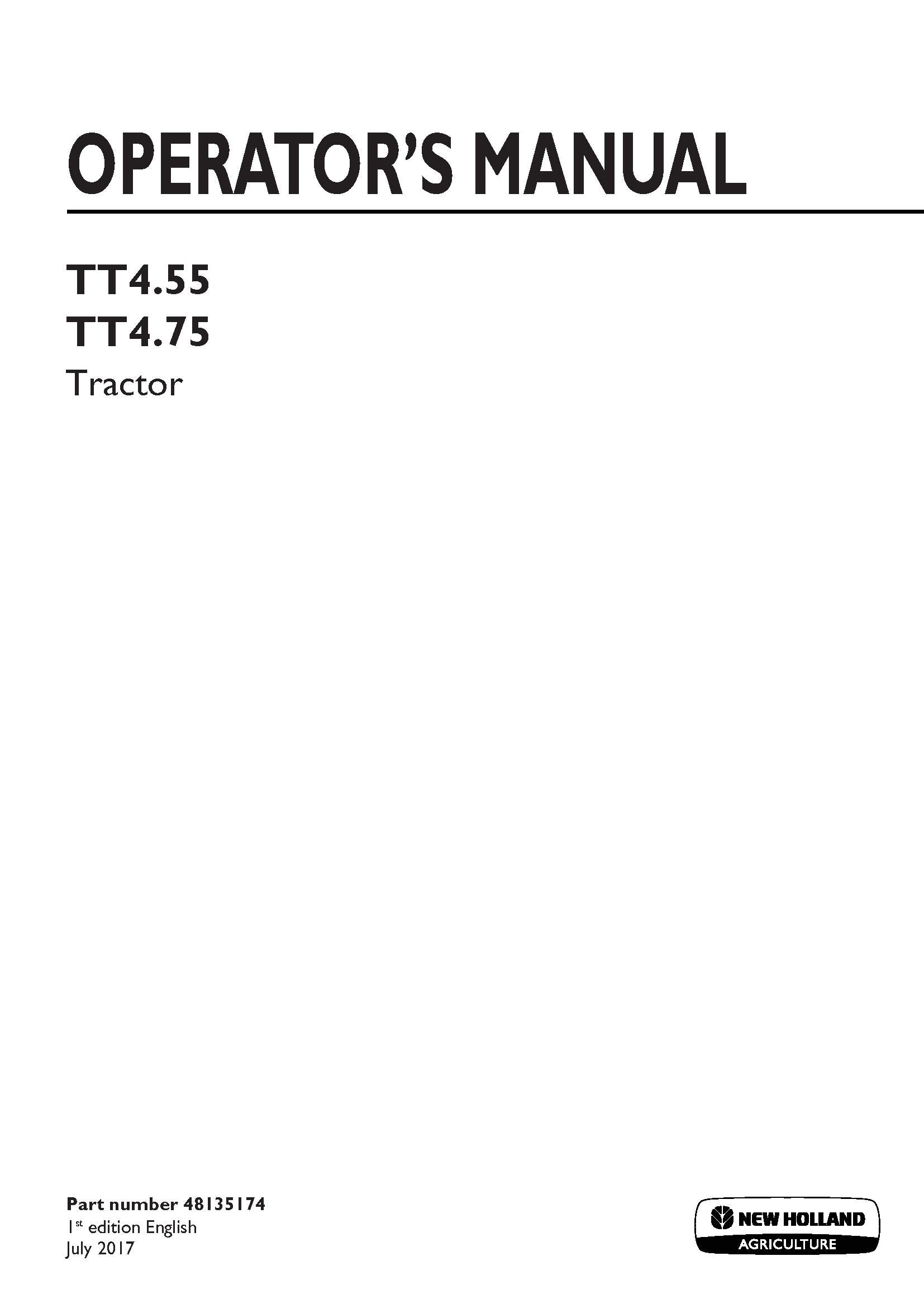 New Holland TT4.55, TT4.75 Tier 1 Tractor Operator's Manual (48135174)