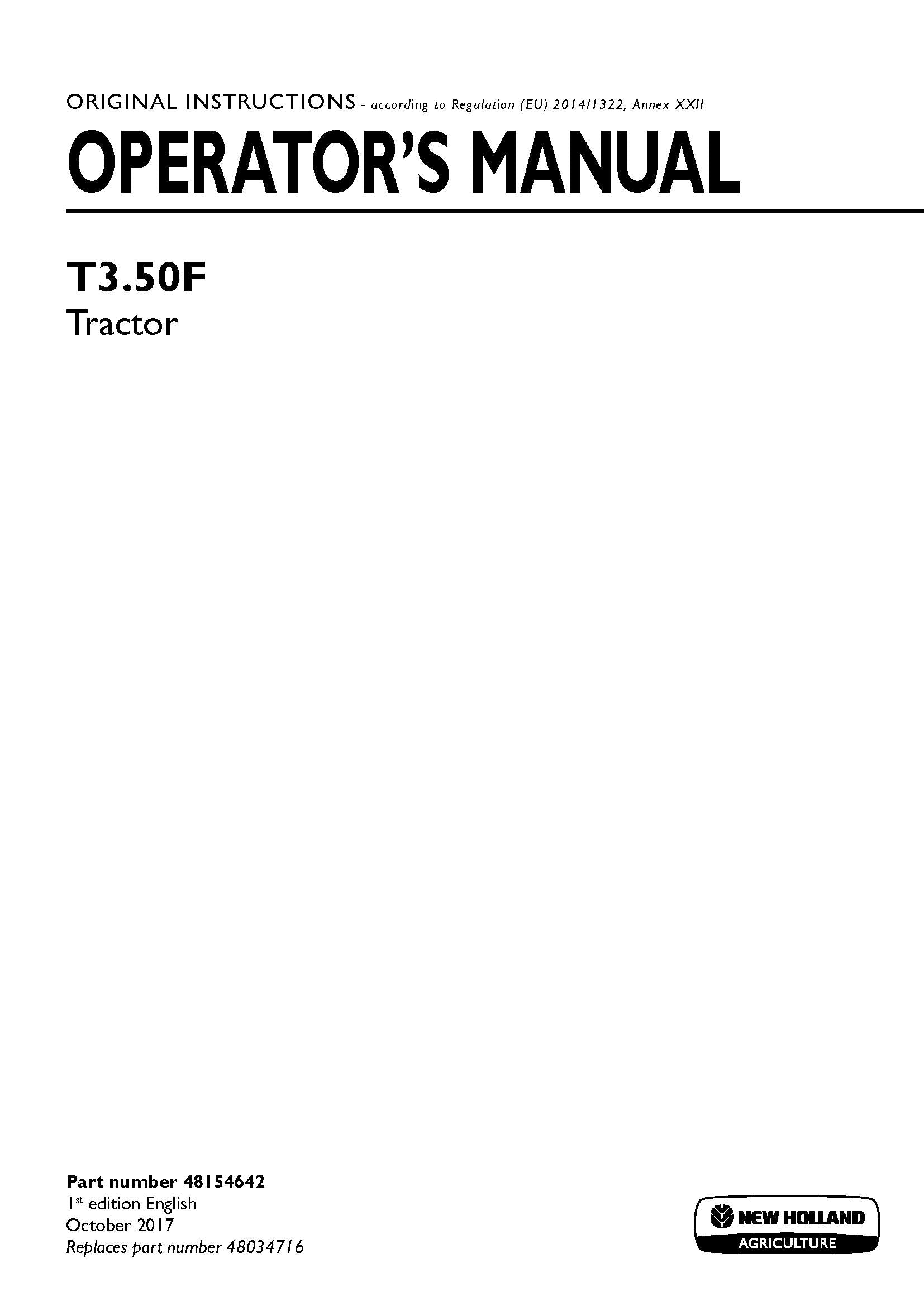 New Holland T350F Tractor Operator's Manual (48154642)