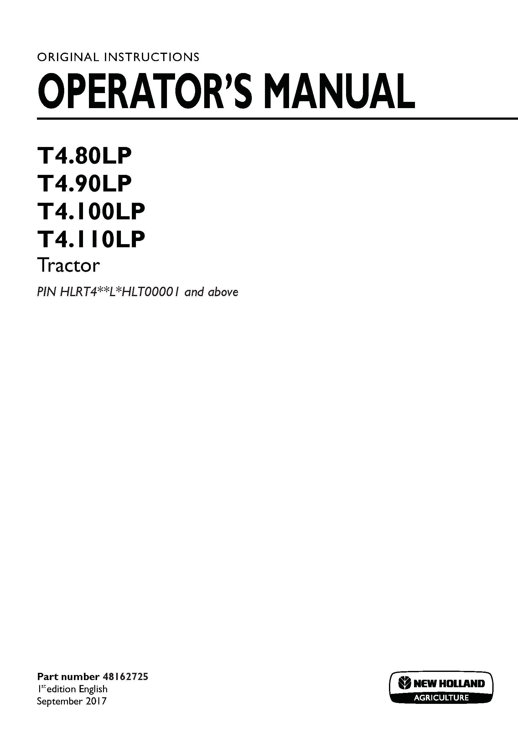 New Holland T480LP, T490LP, T4100LP, T4110LP Tier 4A Tractor Operator's Manual (48162725)