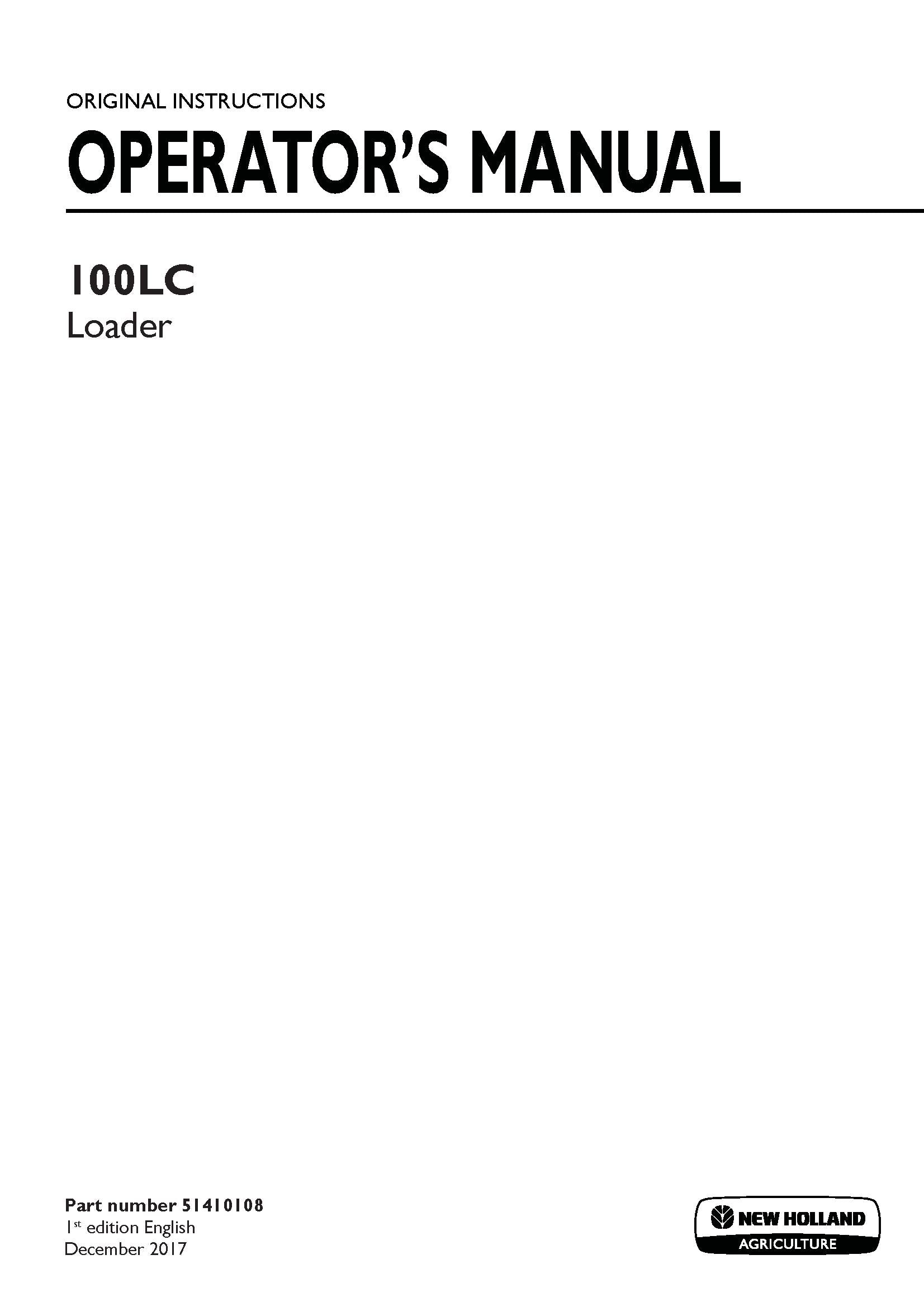 New Holland 100LC Loader Operator's Manual (51410108)