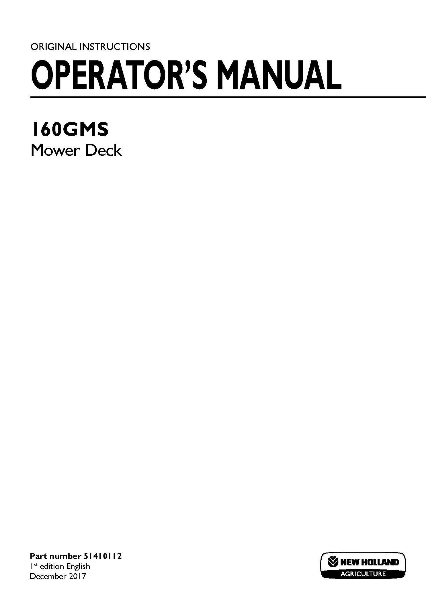 New Holland 160GMS Mower Deck Operator's Manual (51410112)