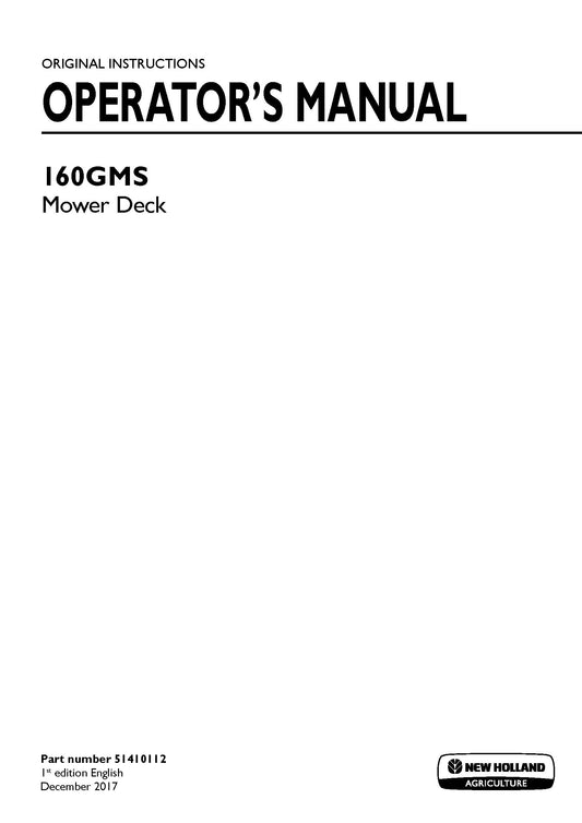 New Holland 160GMS Mower Deck Operator's Manual (51410112)